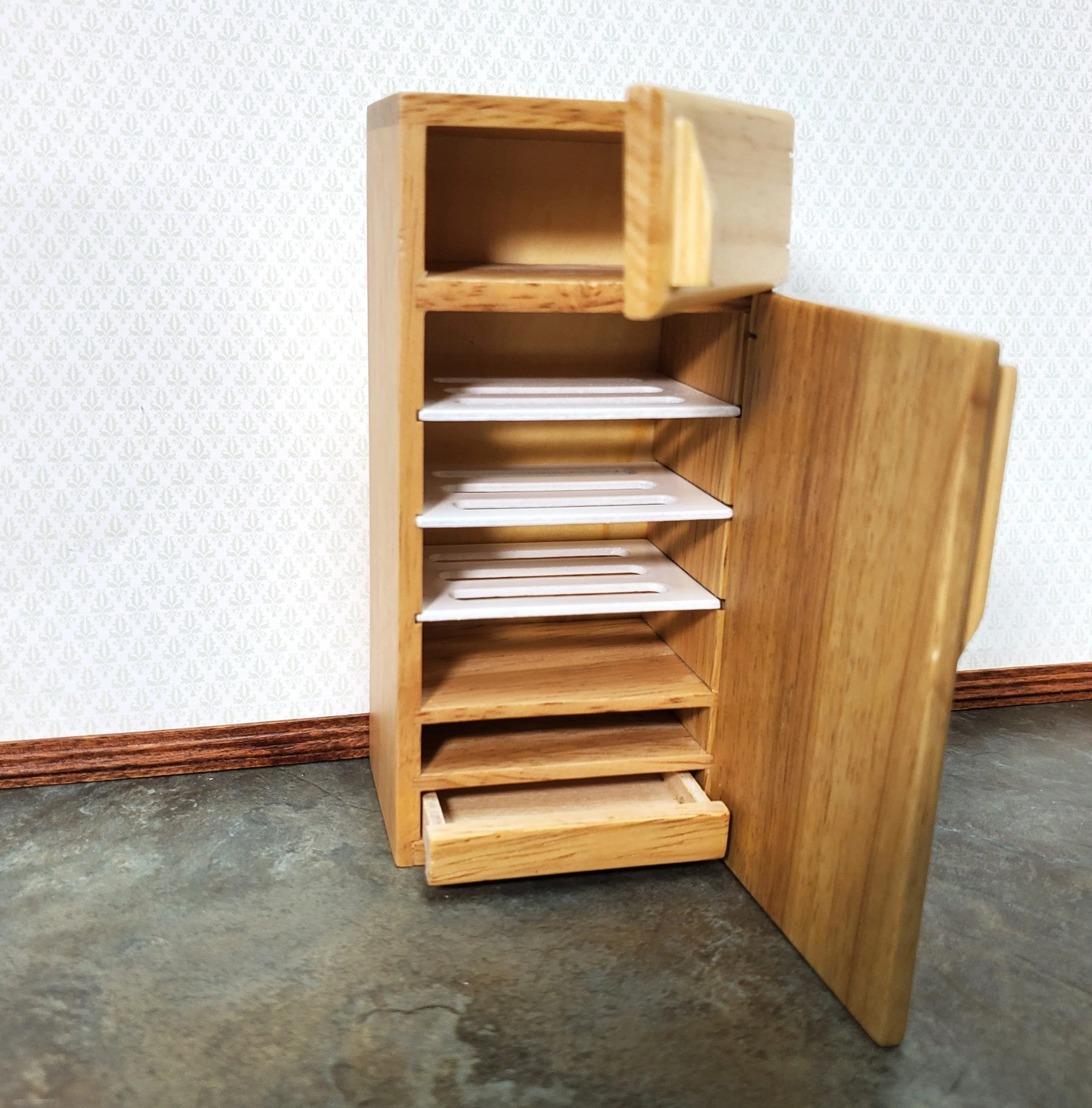 Dollhouse Fridge Modern Refrigerator Freeze Light Oak Finish 1:12 Scale Miniature - Image 3