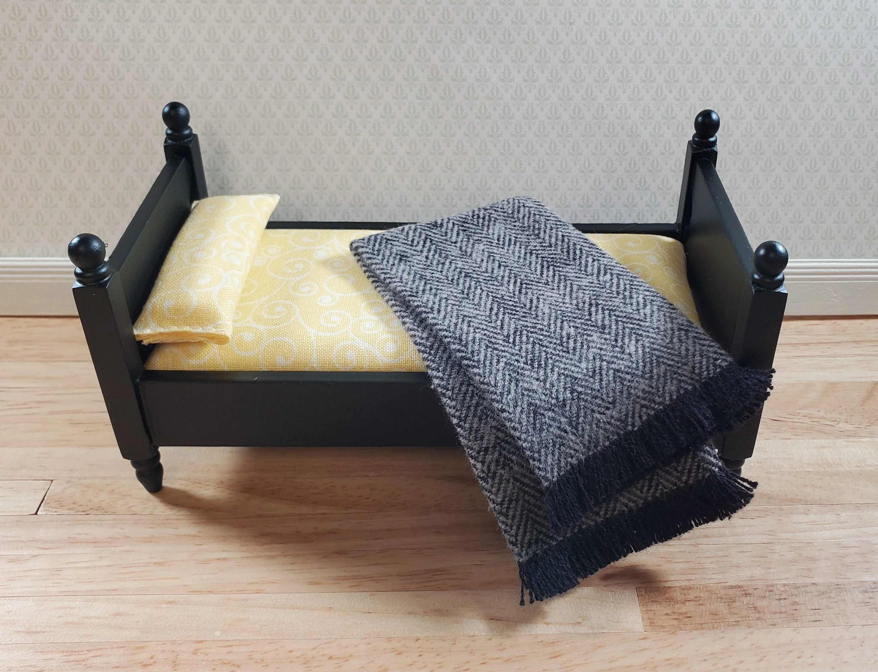 Dollhouse Fringed Blanket Throw Black & White Herringbone Fabric - Image 2