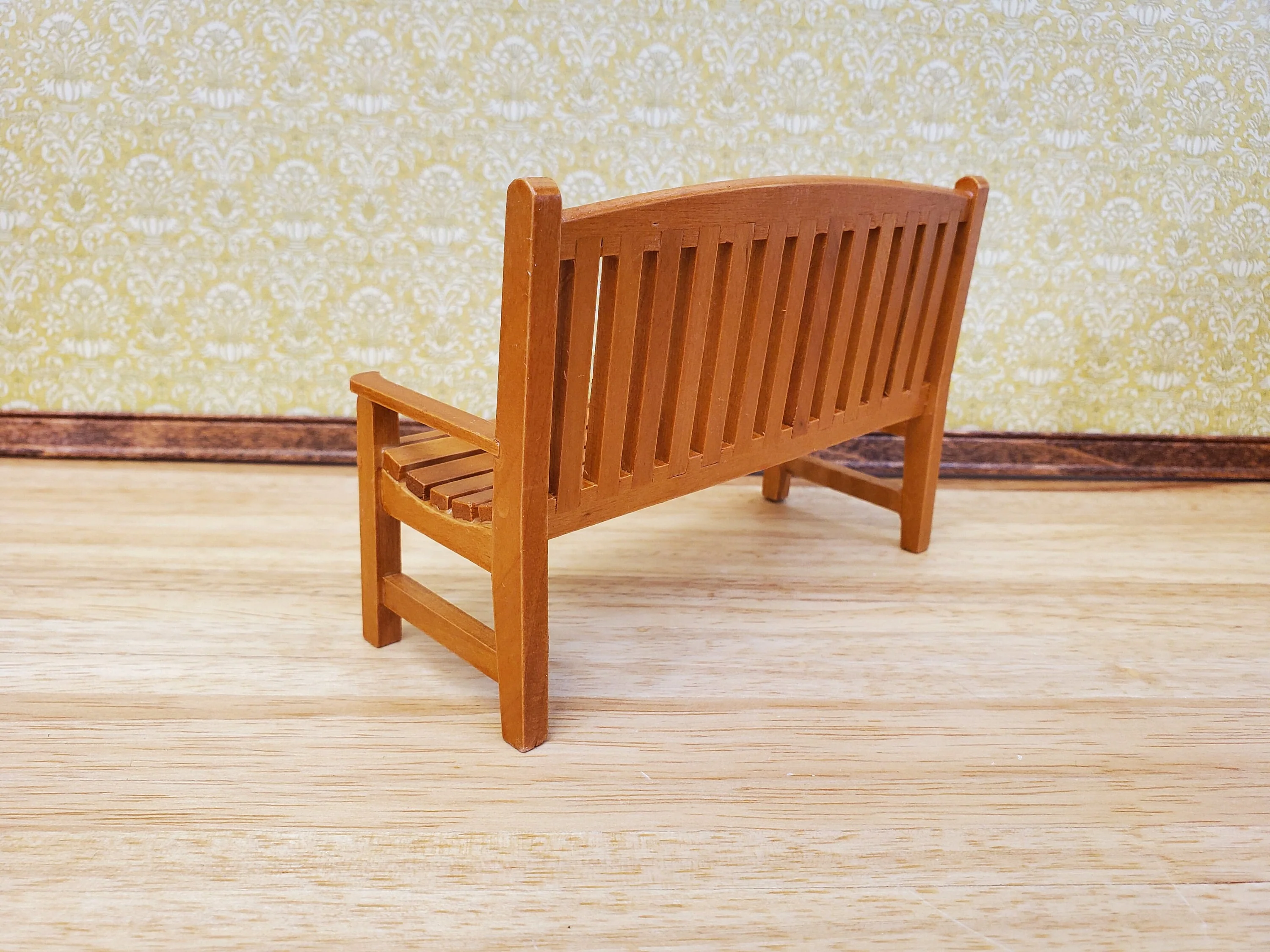 Dollhouse Garden Bench Large Classic Style Wood with Walnut Finish 1:12 Scale Miniature Furniture - Image 3