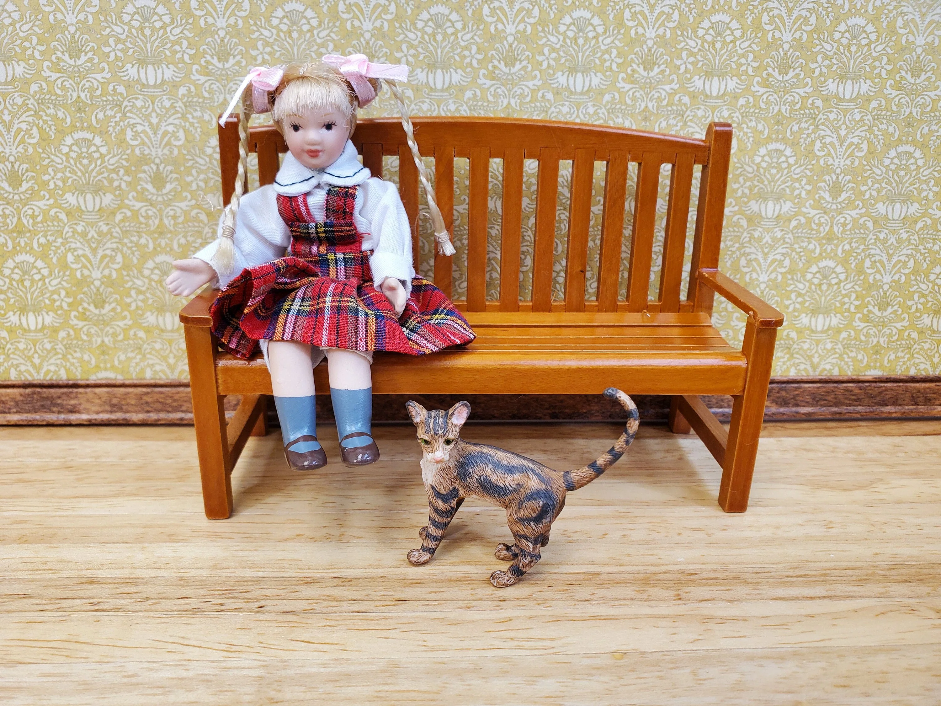 Dollhouse Garden Bench Large Classic Style Wood with Walnut Finish 1:12 Scale Miniature Furniture - Image 4