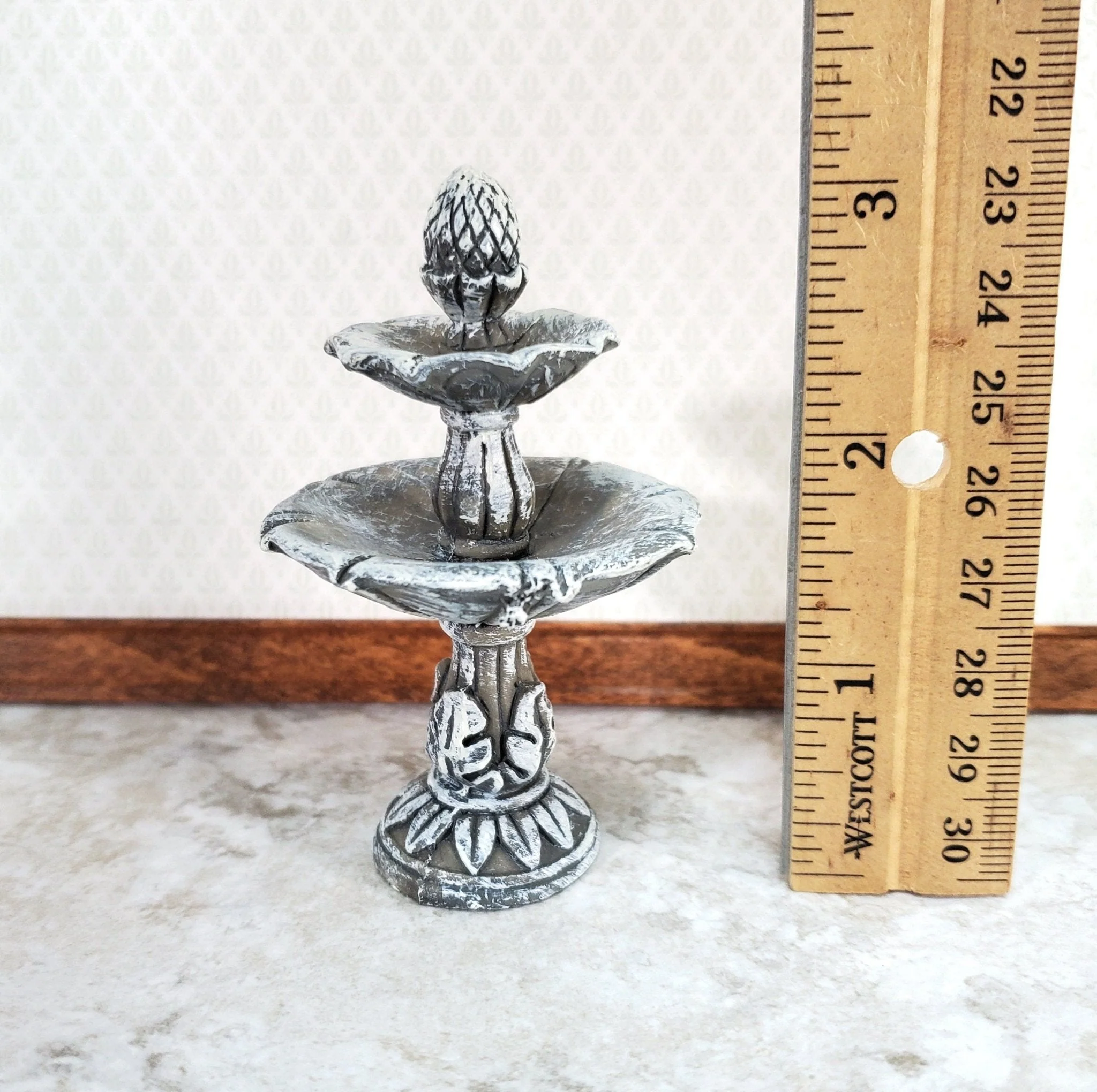 Dollhouse Garden Fountain Bird Bath Fairy Garden 1:12 Scale Miniature Decor Aged Gray - Image 3