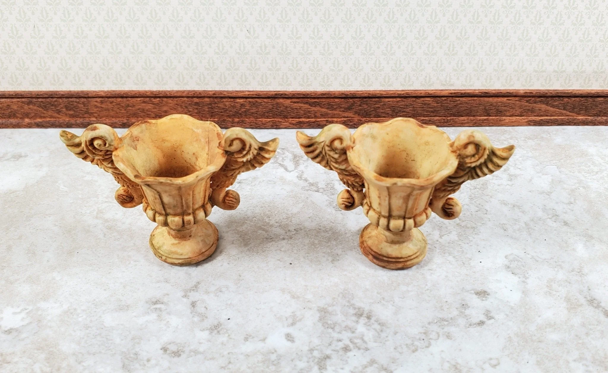 Dollhouse Garden Urn Planters x2 Angel Wings Aged Tan Finish Planters 1:12 Scale A4477AG by Falcon - Image 2