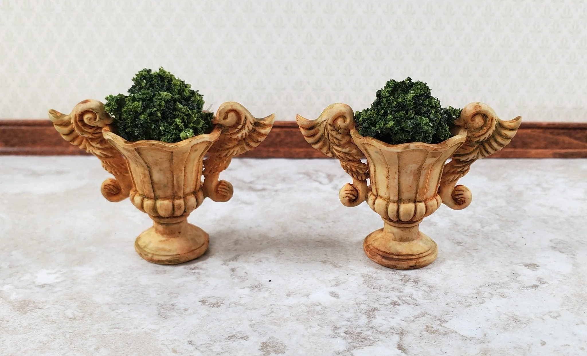 Dollhouse Garden Urn Planters x2 Angel Wings Aged Tan Finish Planters 1:12 Scale A4477AG by Falcon - Image 4