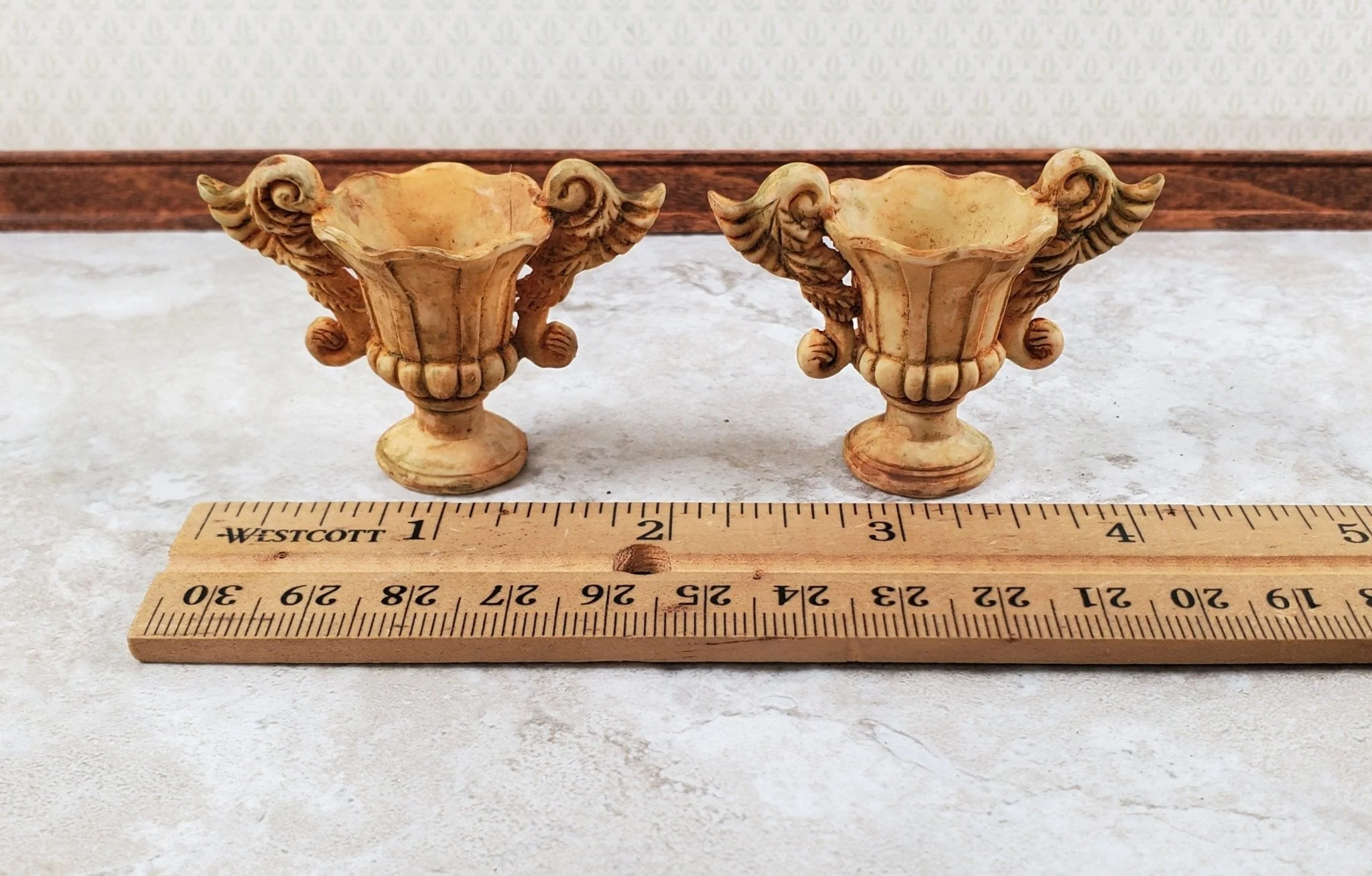 Dollhouse Garden Urn Planters x2 Angel Wings Aged Tan Finish Planters 1:12 Scale A4477AG by Falcon - Image 5