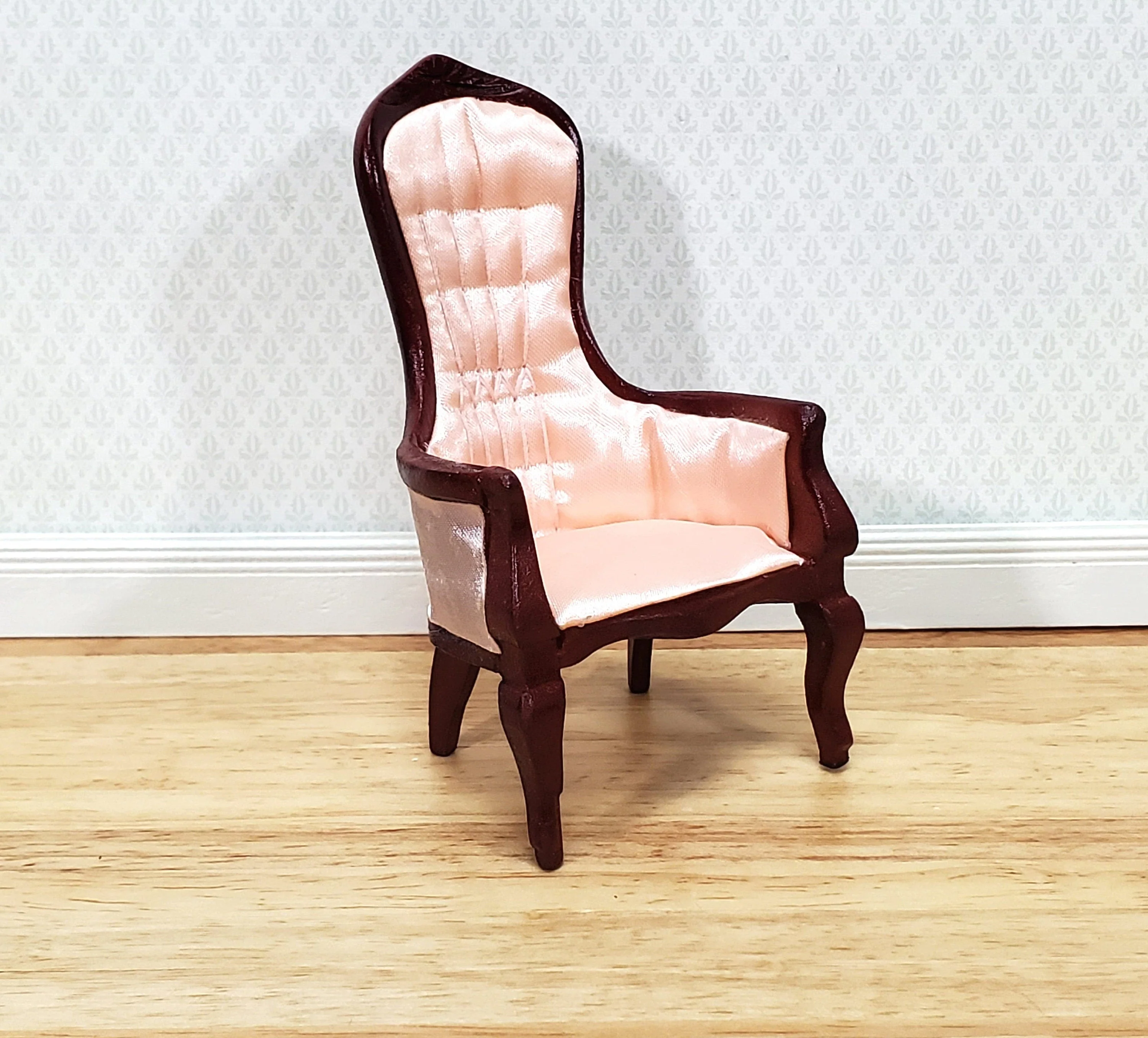 Dollhouse Gentlemen's Chair Victorian Pink & Mahogany Finish 1:12 Scale Miniature Furniture