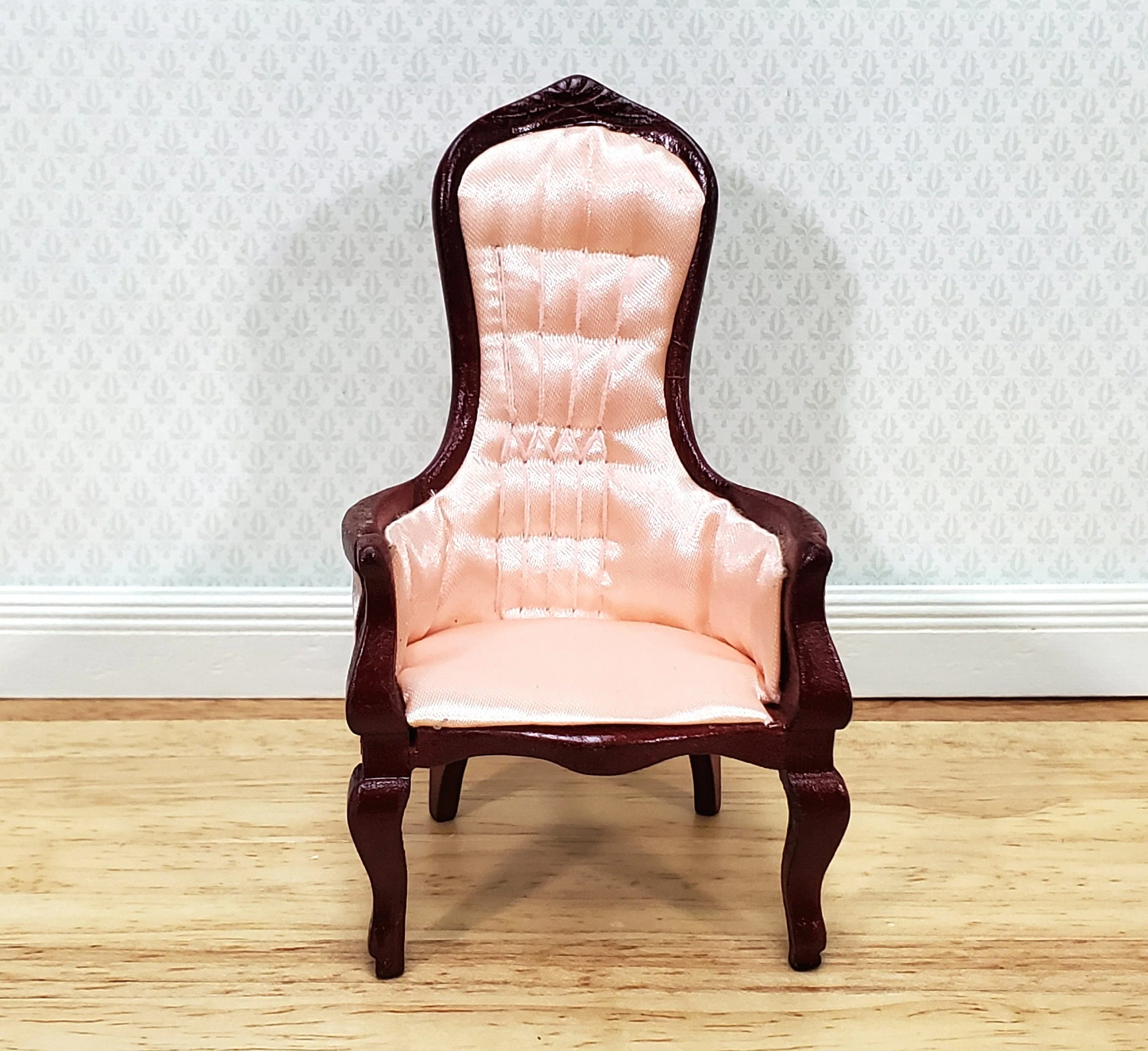 Dollhouse Gentlemen's Chair Victorian Pink & Mahogany Finish 1:12 Scale Miniature Furniture - Image 2