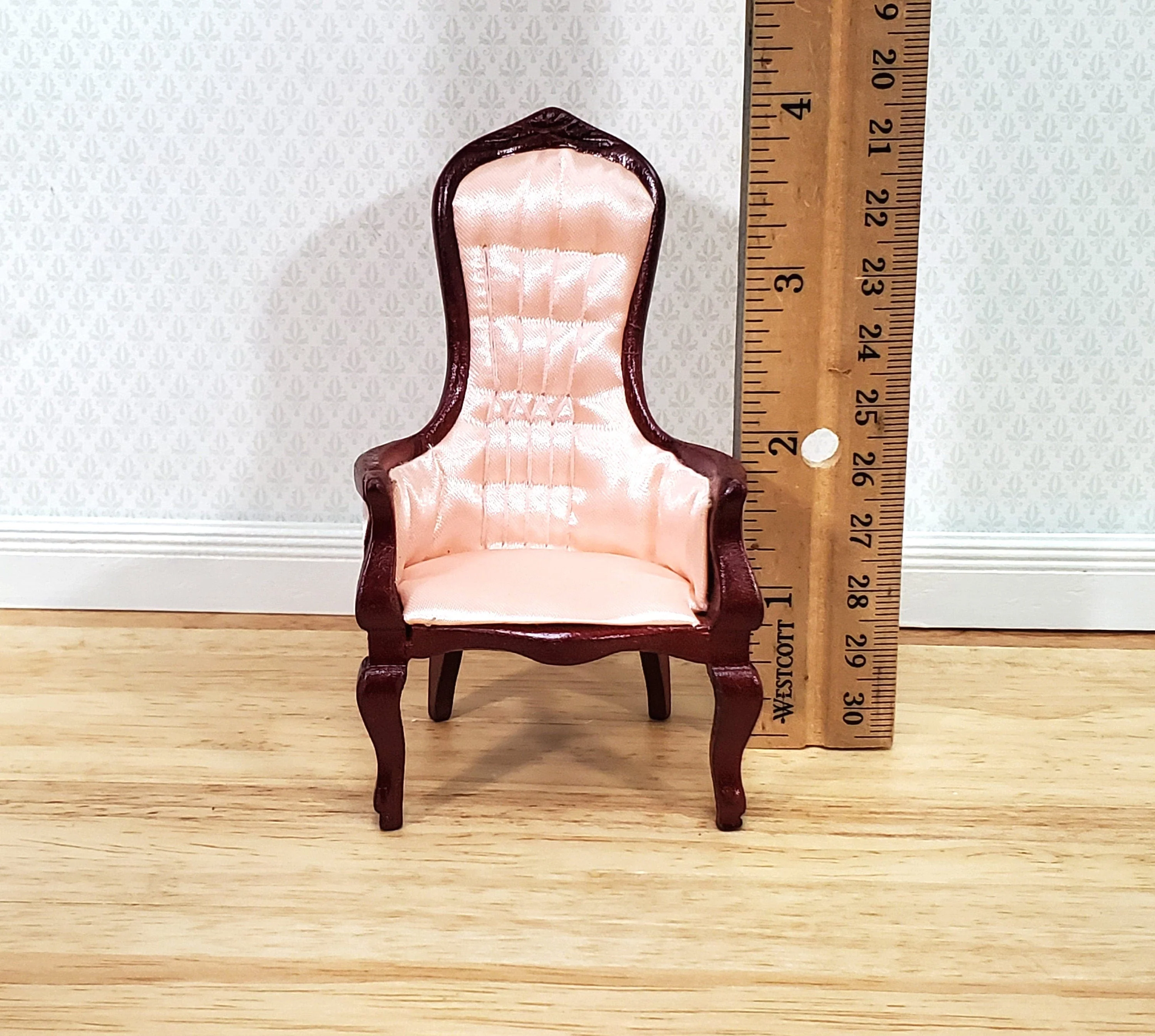 Dollhouse Gentlemen's Chair Victorian Pink & Mahogany Finish 1:12 Scale Miniature Furniture - Image 4