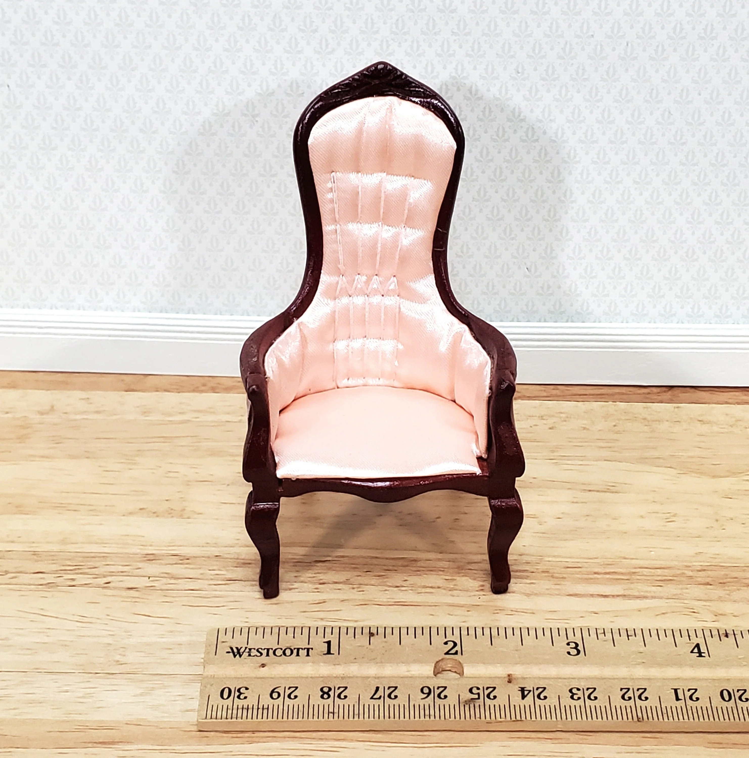 Dollhouse Gentlemen's Chair Victorian Pink & Mahogany Finish 1:12 Scale Miniature Furniture - Image 5