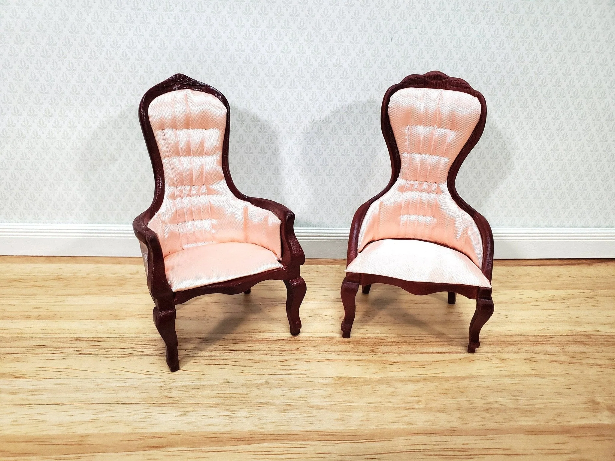 Dollhouse Gentlemen's Chair Victorian Pink & Mahogany Finish 1:12 Scale Miniature Furniture - Image 6