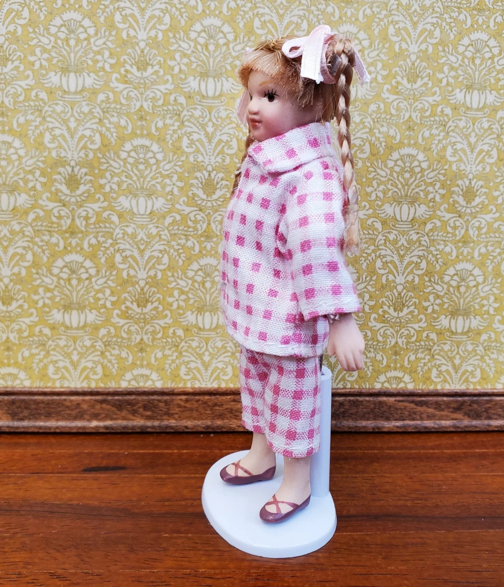 Dollhouse Girl Doll Braids Porcelain Pink & White Checked Outfit 1:12 Scale Miniature - Image 3