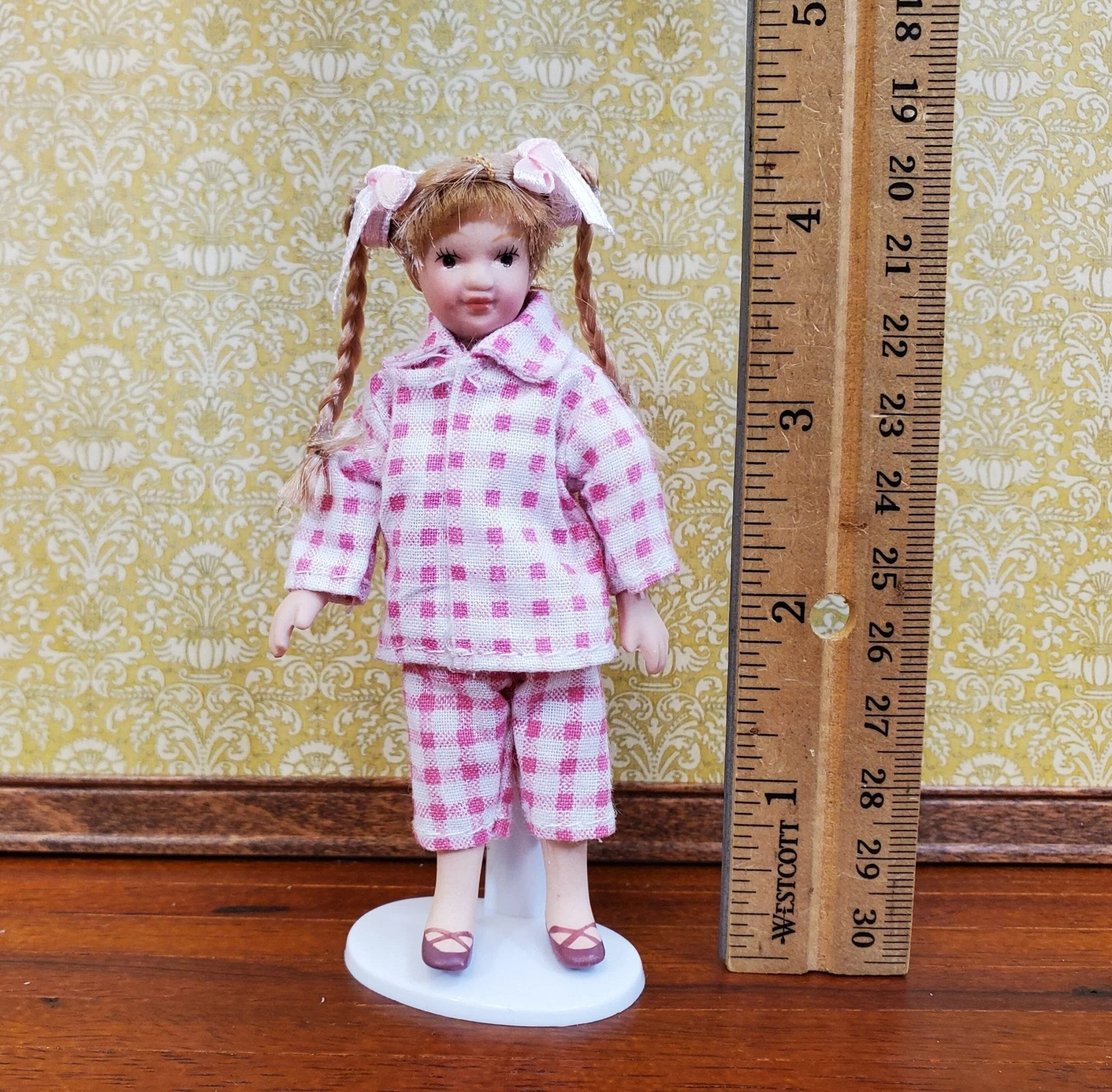 Dollhouse Girl Doll Braids Porcelain Pink & White Checked Outfit 1:12 Scale Miniature - Image 5