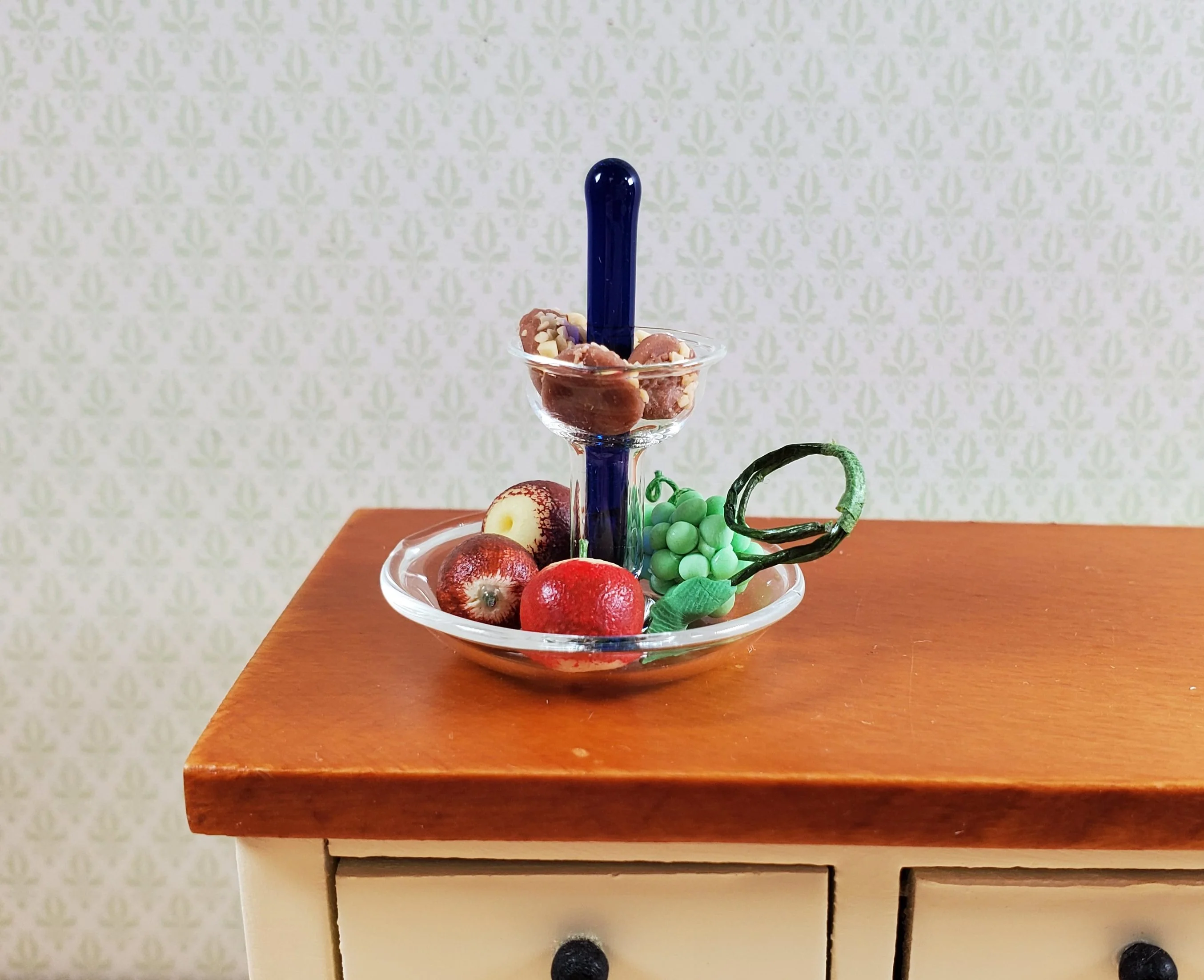 Dollhouse Glass 2-Tier Serving Stand Cobal Blue Center 1:12 Scale Miniature - Image 2