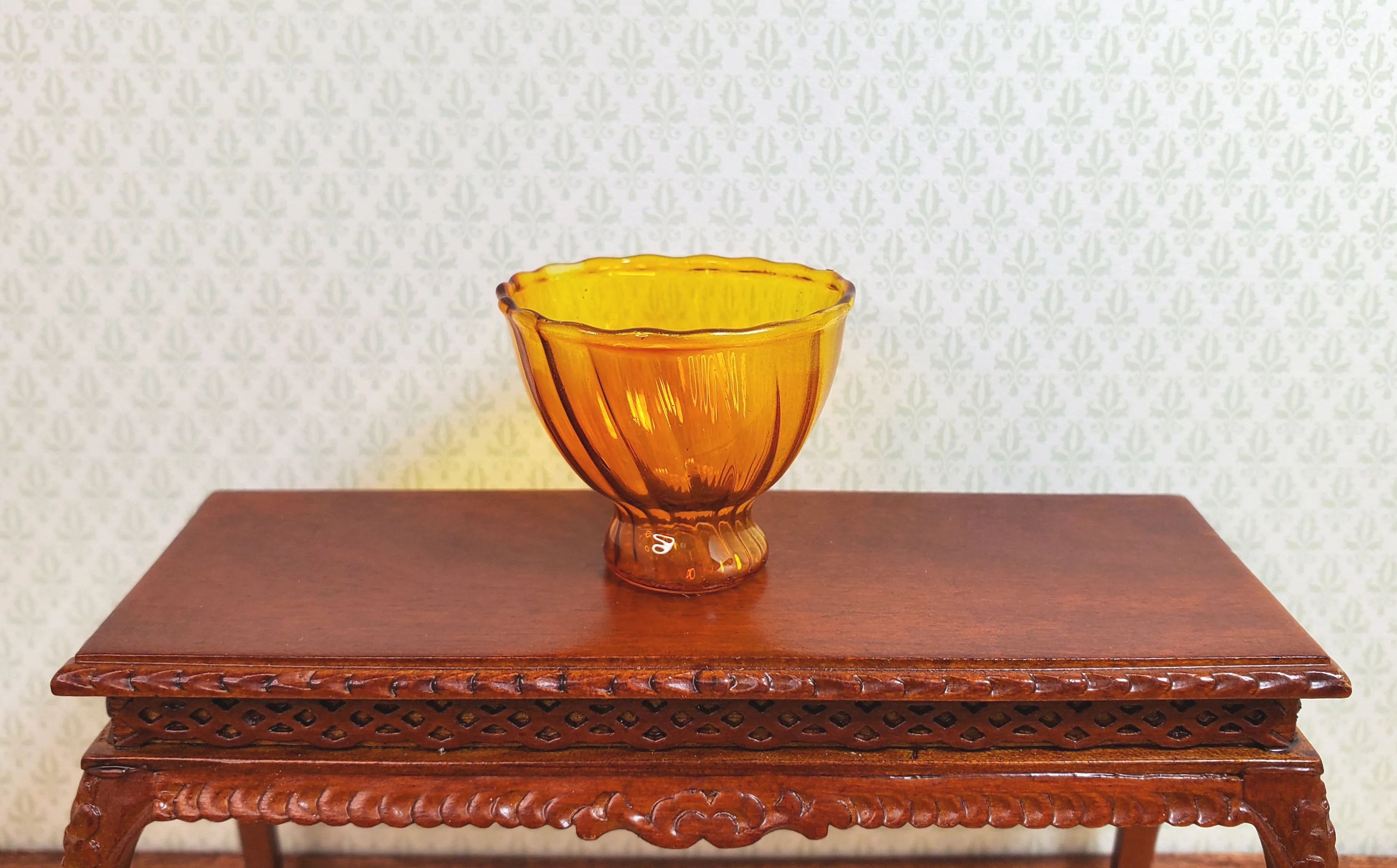 Dollhouse Glass Ribbed Pedestal Bowl Amber Color 1:12 Scale Miniature Decor