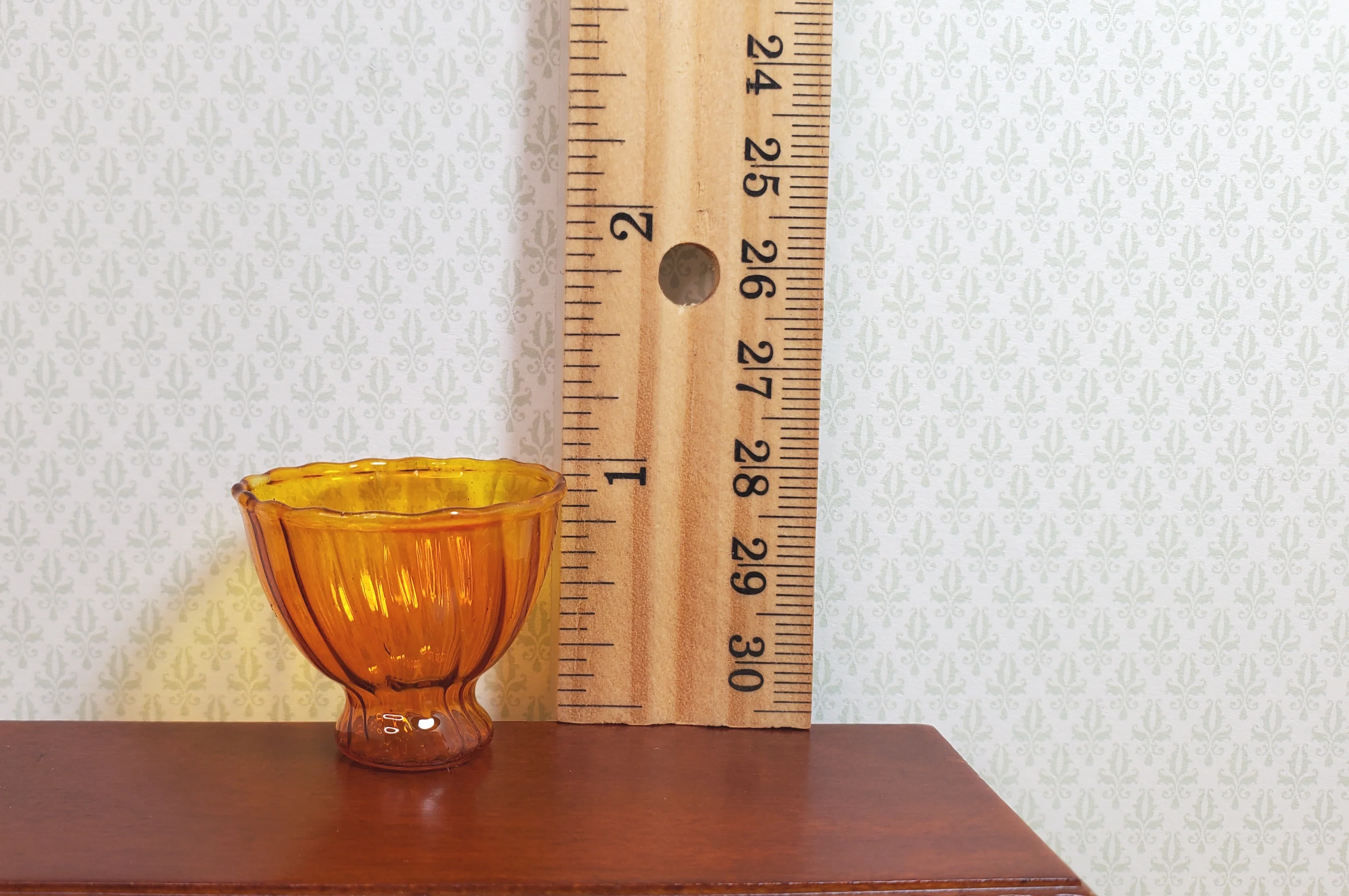 Dollhouse Glass Ribbed Pedestal Bowl Amber Color 1:12 Scale Miniature Decor - Image 3