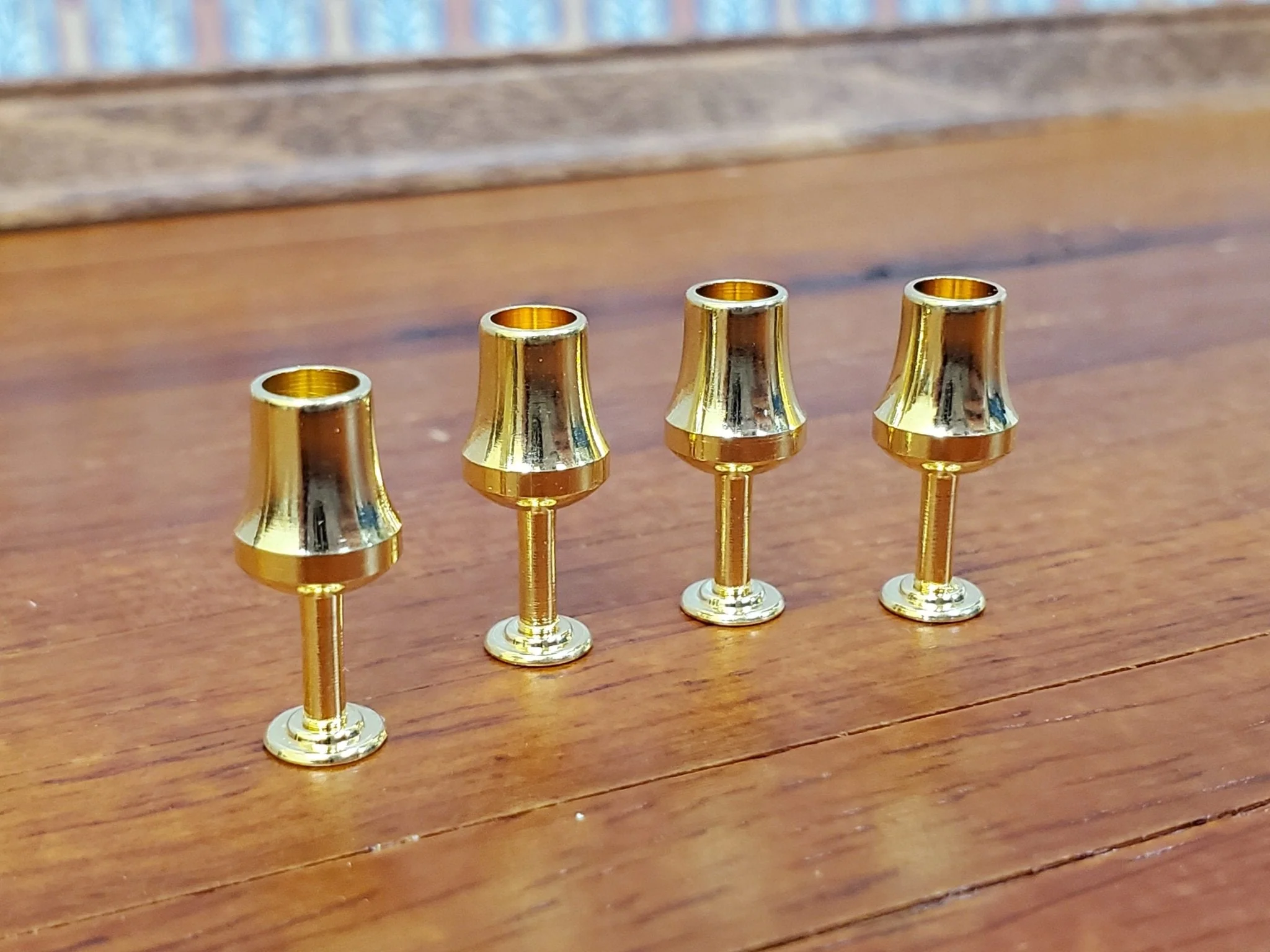 Dollhouse Goblets Tall Gold Metal Set of 4 1:12 Scale Miniatures Kitchenware Glasses