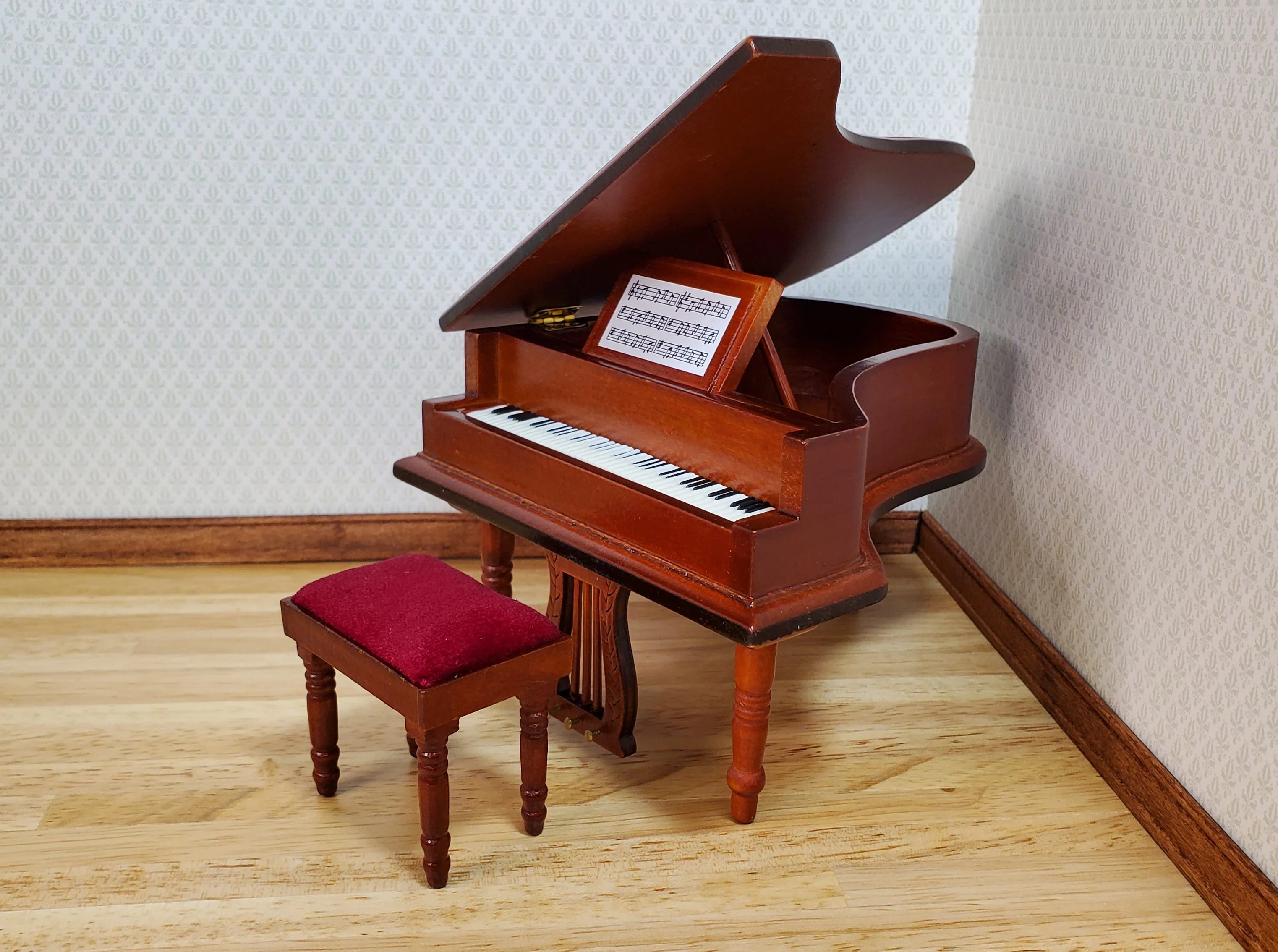 Dollhouse Grand Piano with Bench Seat Wood Instrument 1:12 Scale Miniature - Image 2