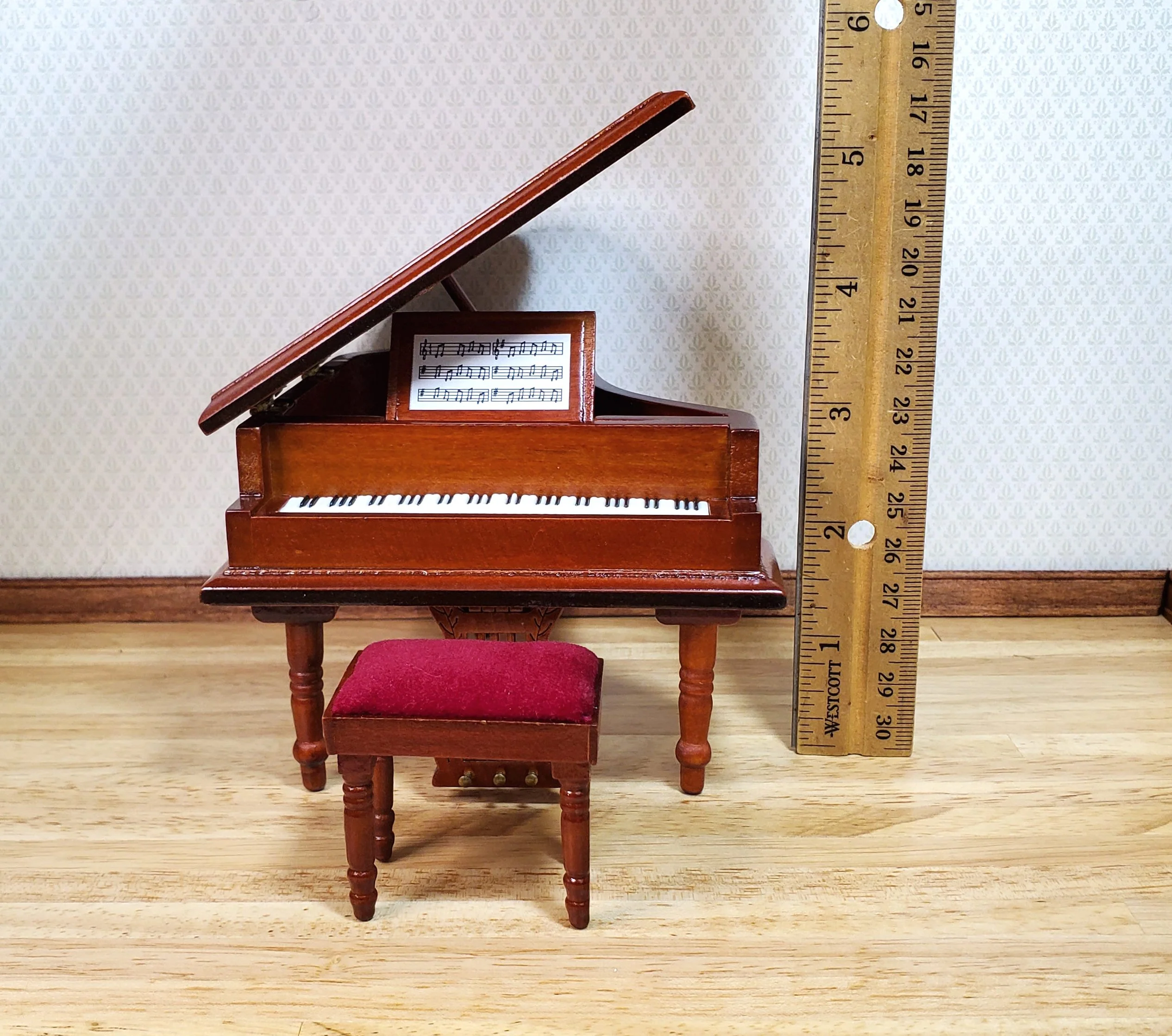 Dollhouse Grand Piano with Bench Seat Wood Instrument 1:12 Scale Miniature - Image 5