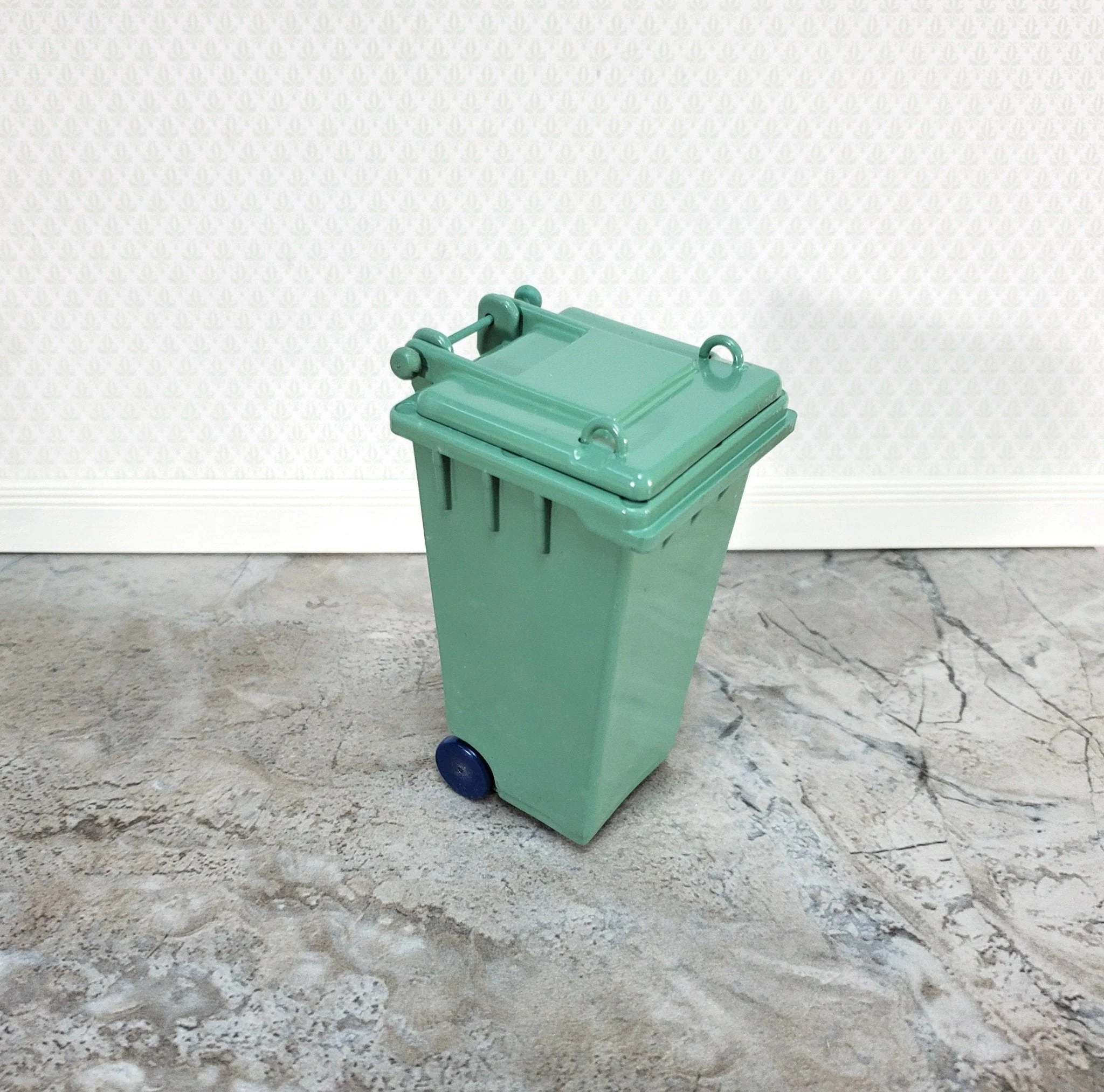 Dollhouse Green Garbage Can Wheelie Bin Opens 1:12 Scale Modern Miniatures - Image 2