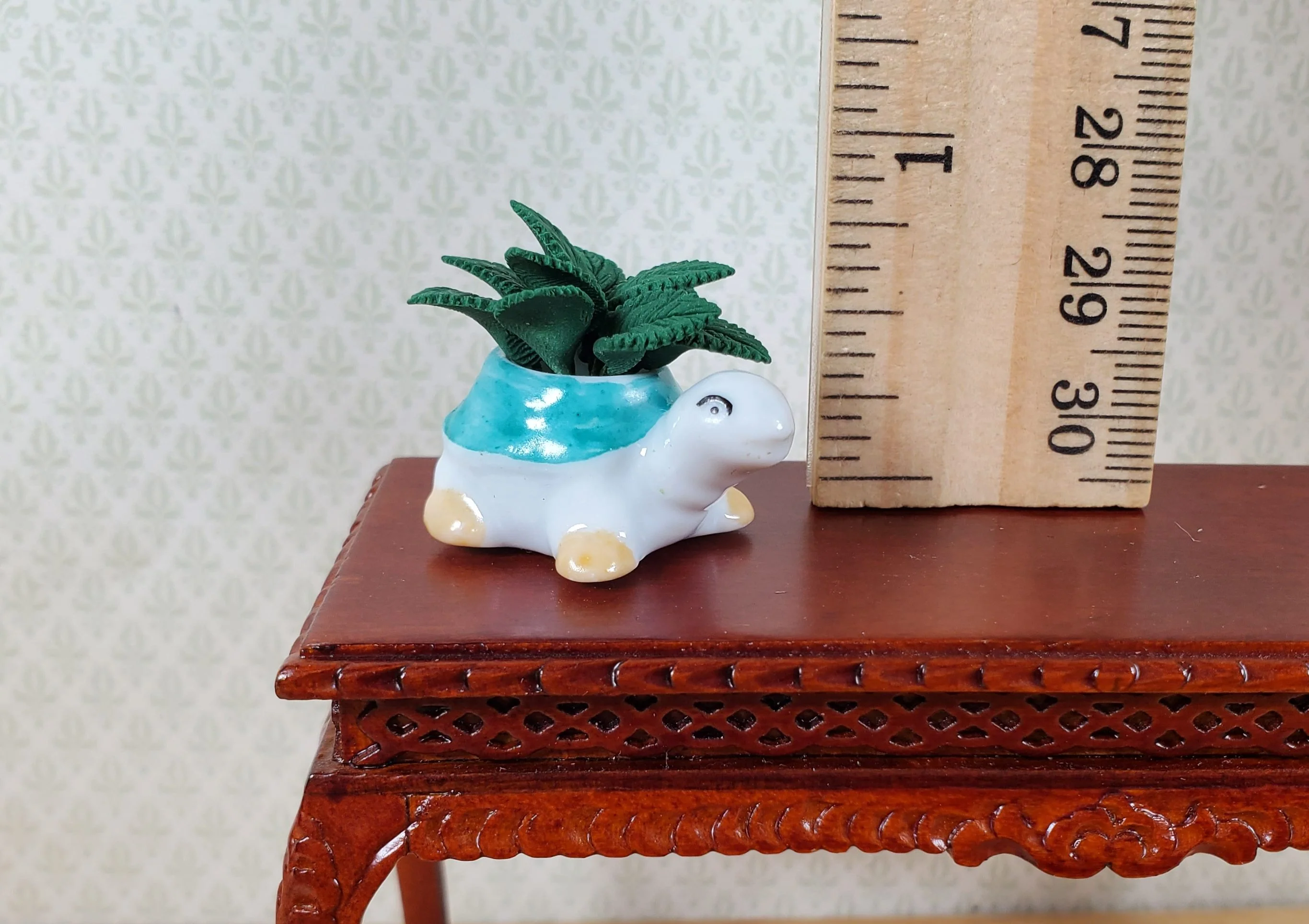 Dollhouse Green Houseplant in Green Turtle Ceramic Planter 1:12 Scale Miniature - Image 3