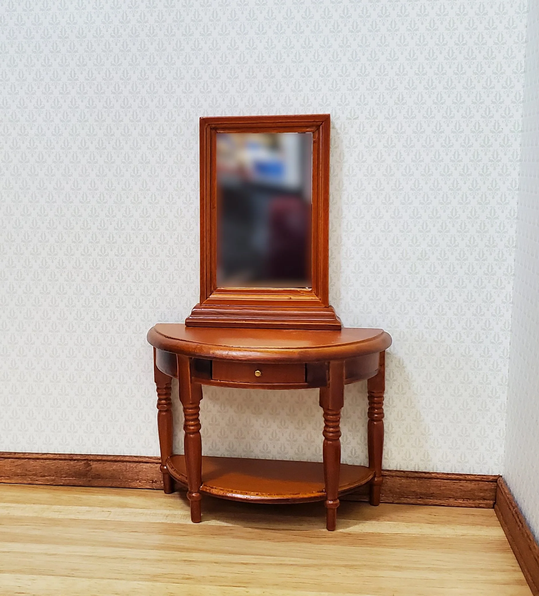 Dollhouse Half Round Table with Mirror 1:12 Scale Furniture Walnut Finish - Image 2