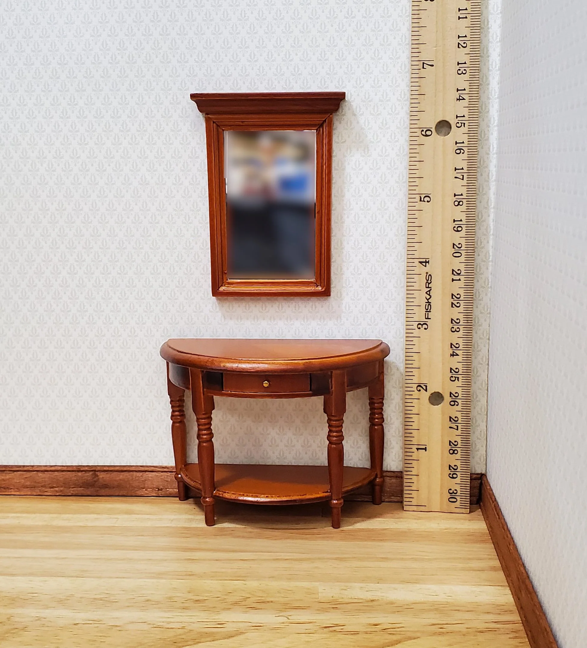 Dollhouse Half Round Table with Mirror 1:12 Scale Furniture Walnut Finish - Image 3