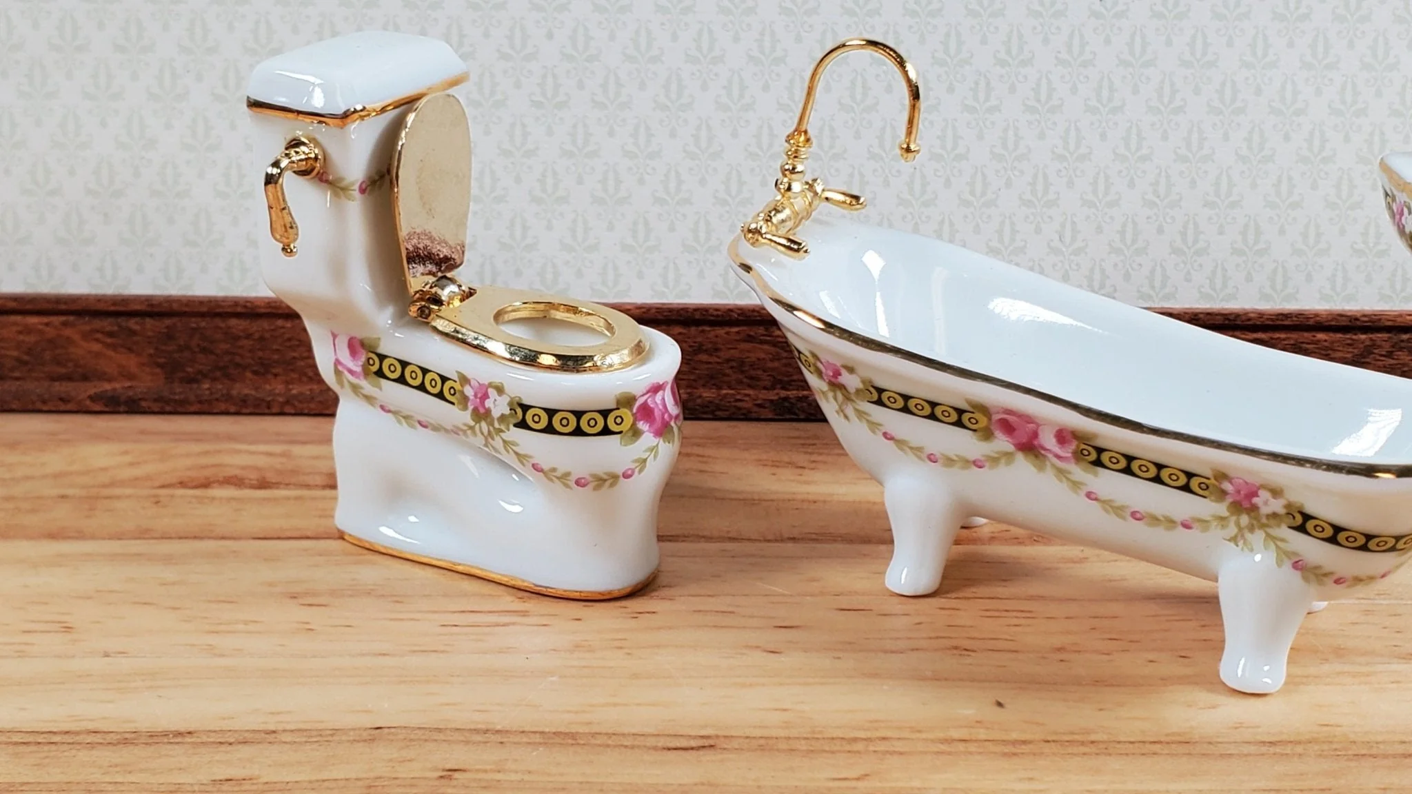 Dollhouse HALF SCALE Bathroom Set Reutter Porcelain Victorian Rose 1:24 Tub Sink - Image 3