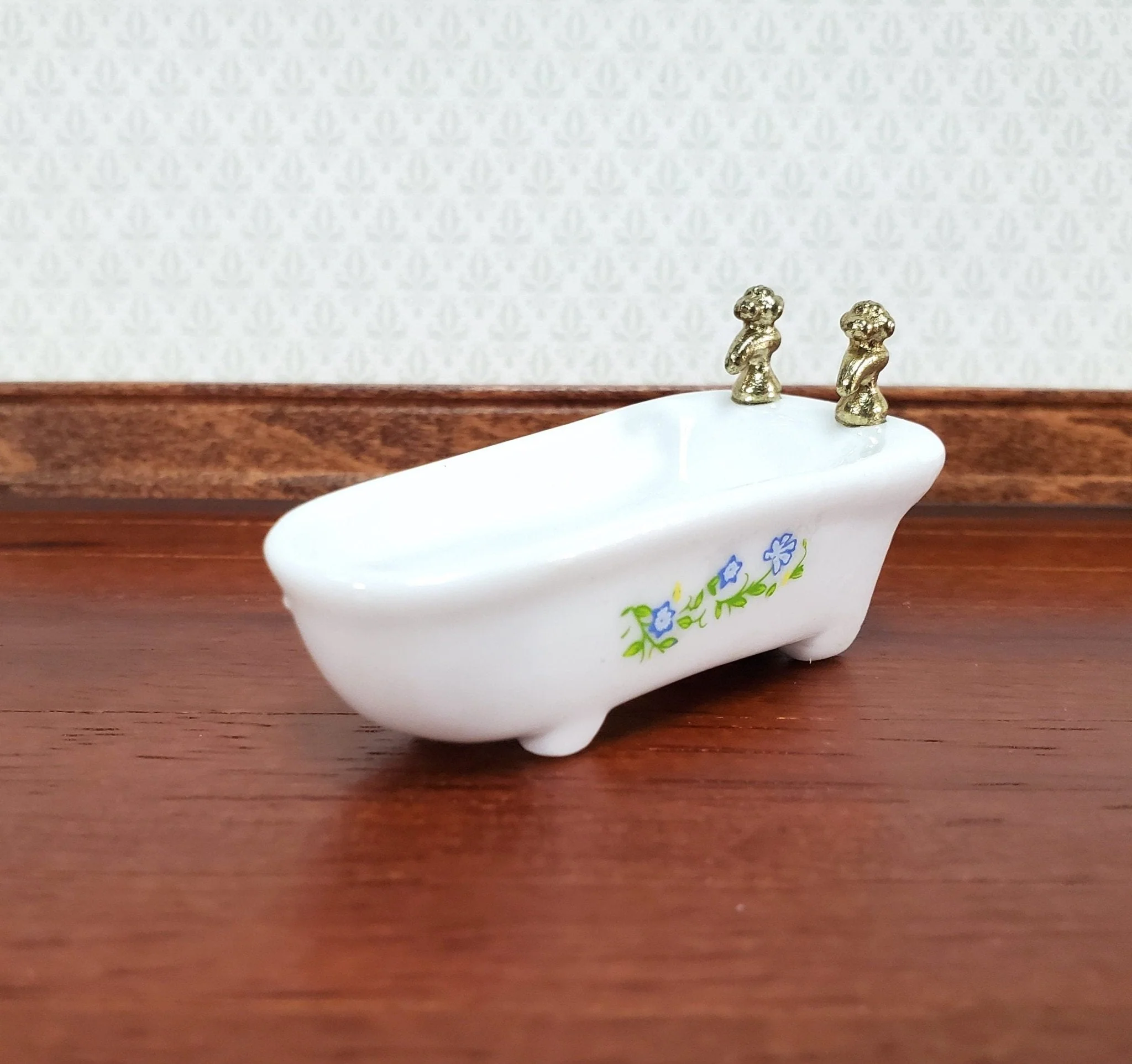 Dollhouse Half Scale Bathtub Bathroom Tub White Floral Decal 1:24 Scale Miniature