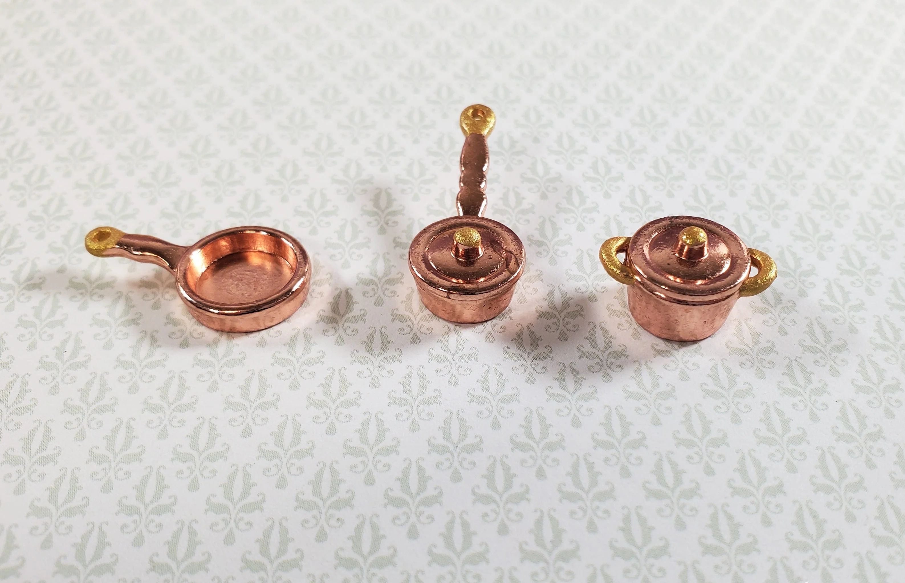 Dollhouse HALF SCALE Copper Pots and Pans 3 Small 1:24 Miniatures - Image 2