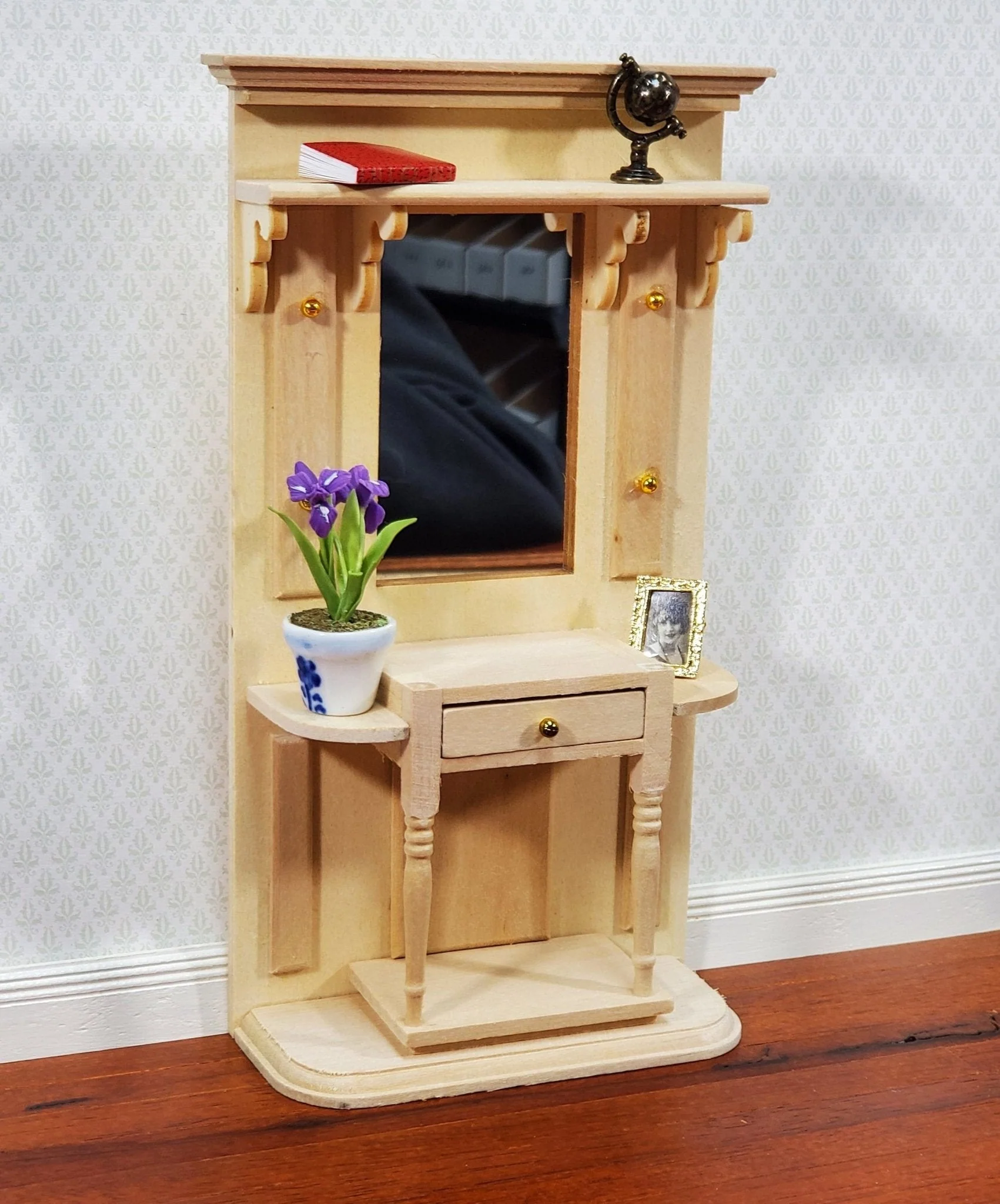 Dollhouse Hall Stand Table with Mirror Tall Unpainted Wood DIY 1:12 Scale Furniture - Image 4