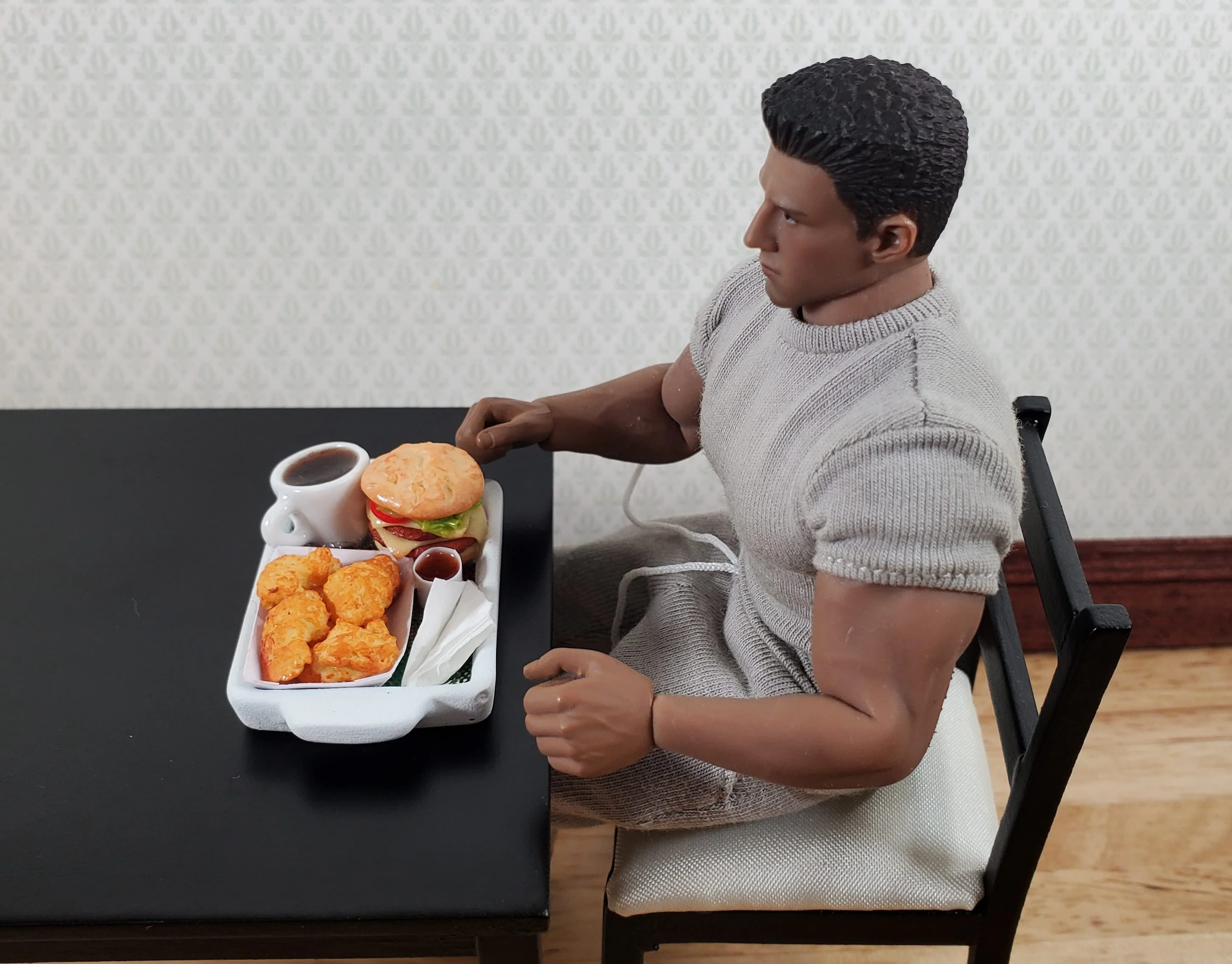 Dollhouse Hamburgers Wings Coffee Sauce on Tray 1:12 Scale Miniature Food Drink - Image 2