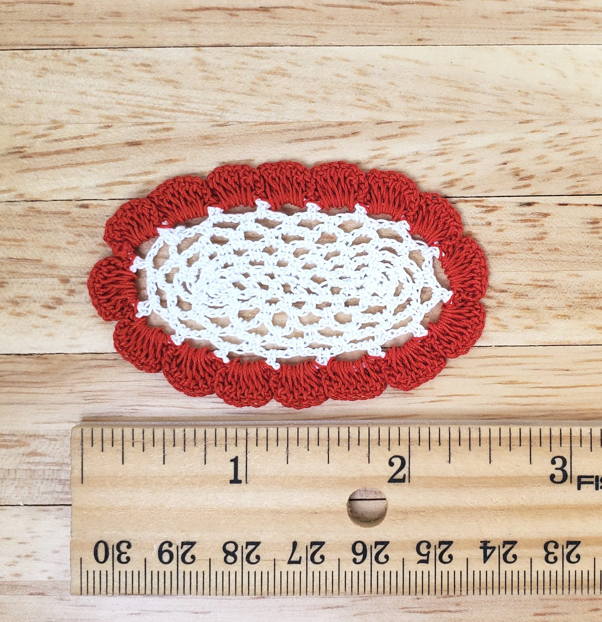 Dollhouse Hand Crocheted Oval Doily White with Red Trim 1:12 Scale Miniature - Image 3