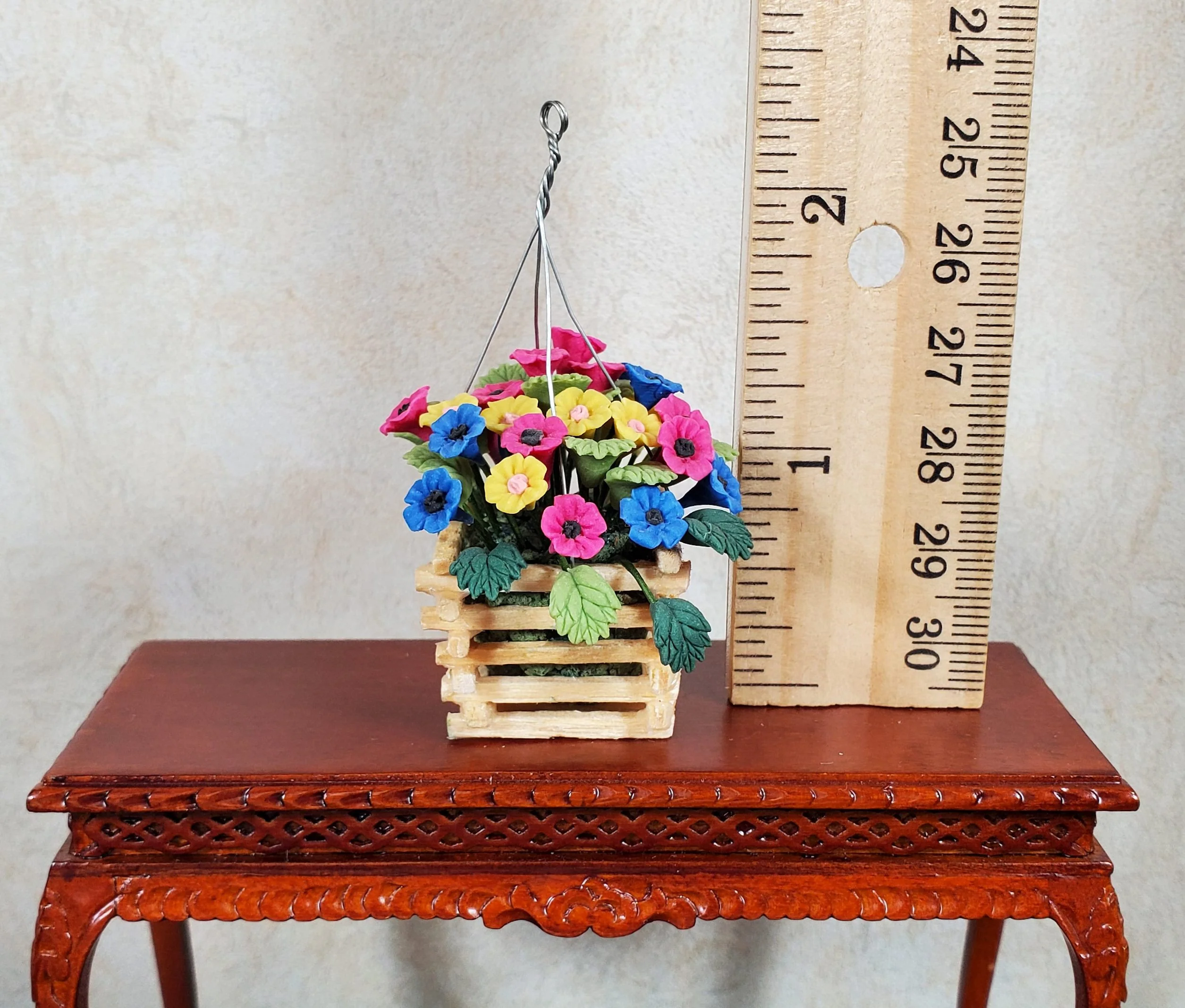 Dollhouse Hanging Basket of Petunias 1:12 Scale Miniature Flowers Wood Planter - Image 3