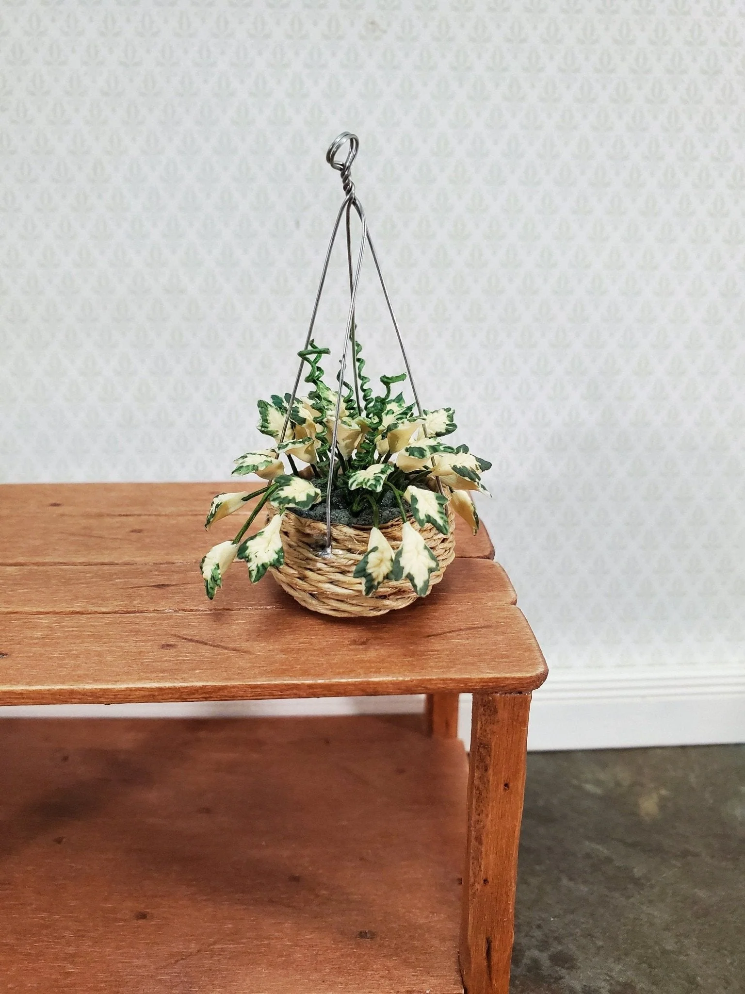 Dollhouse Hanging Plant Variegated English Ivy in Natural Basket 1:12 Scale Miniature