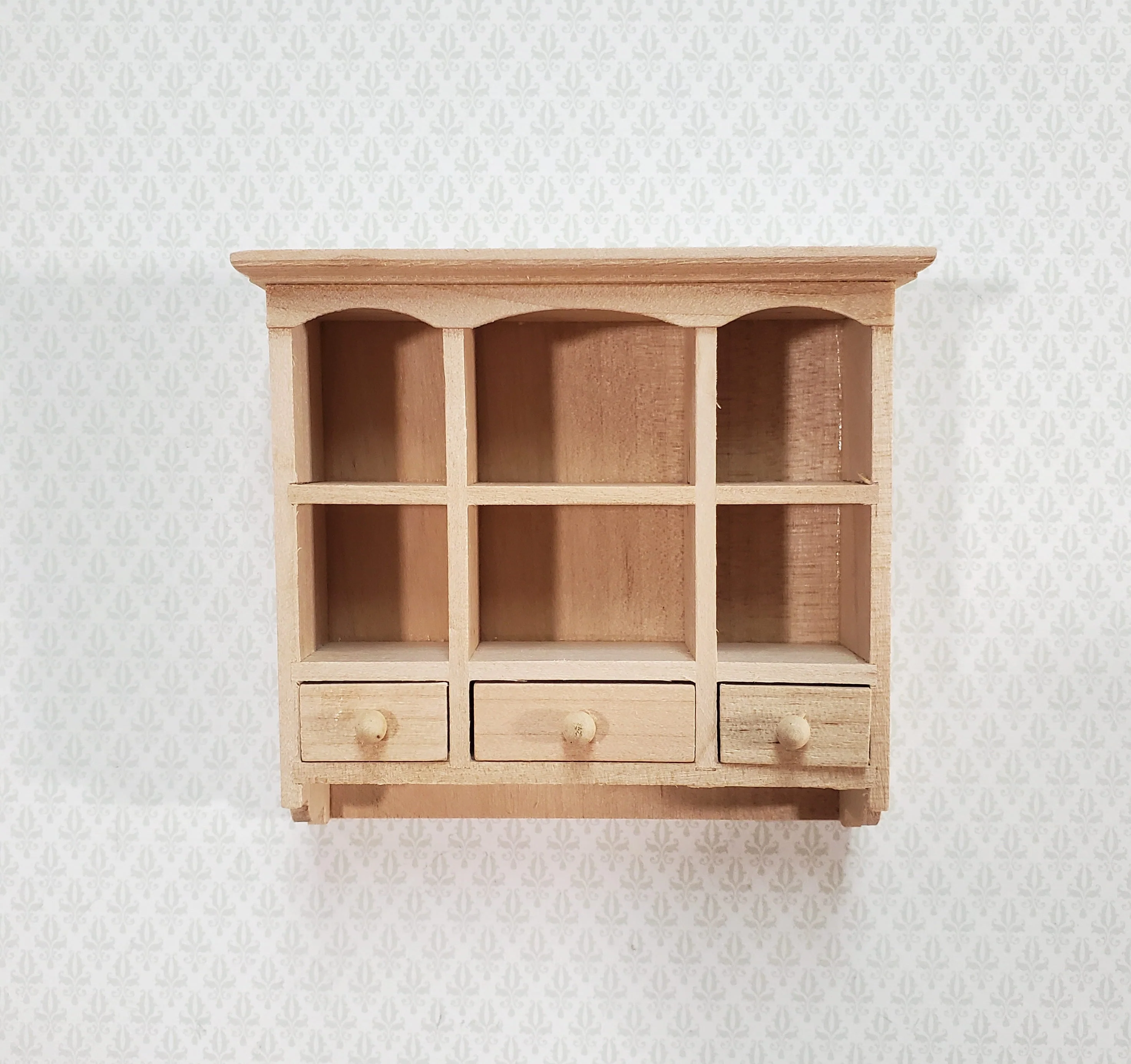 Dollhouse Hanging Shelf with Drawers & Cubbies 1:12 Scale Furniture Unpainted Wood