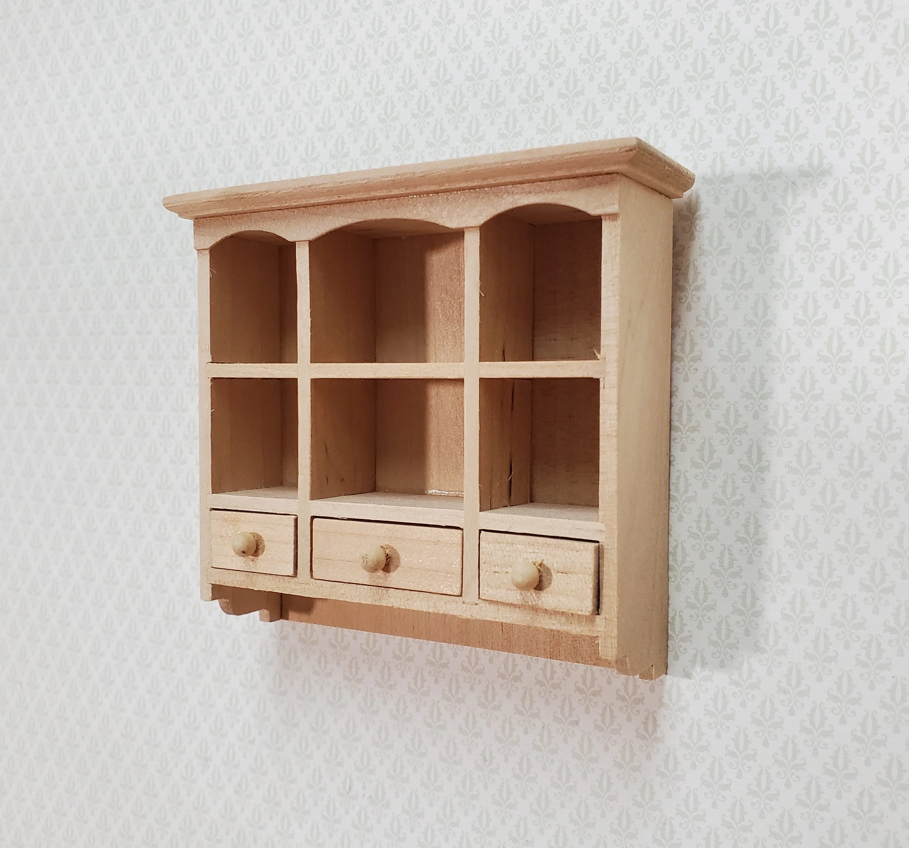 Dollhouse Hanging Shelf with Drawers & Cubbies 1:12 Scale Furniture Unpainted Wood - Image 2