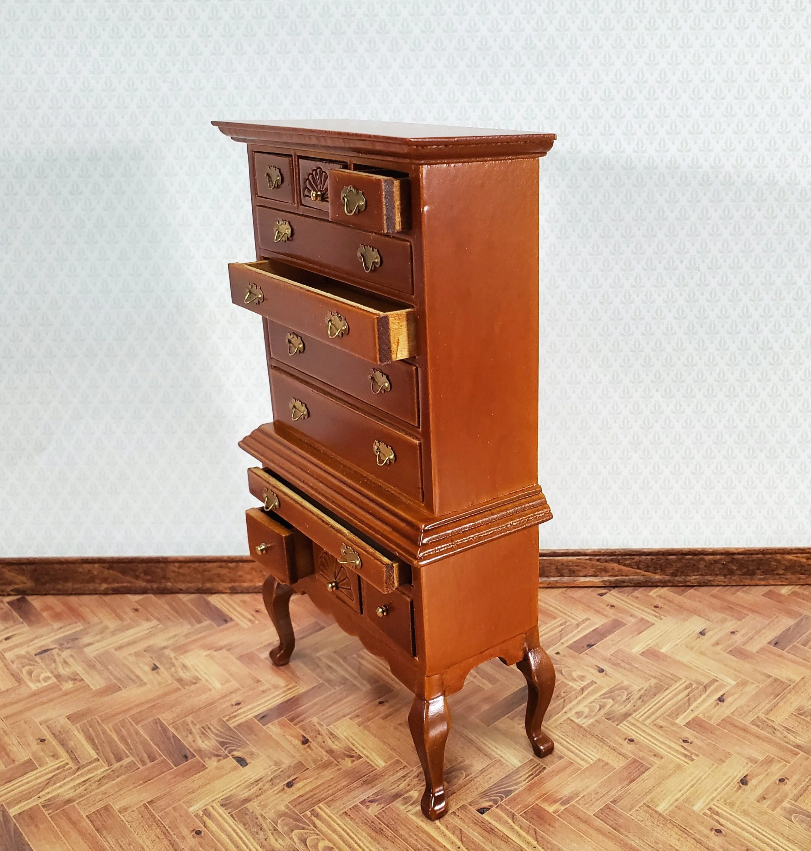 Dollhouse Highboy Dresser Queen Anne Victorian Walnut Finish 1:12 Scale Miniature Furniture - Image 3