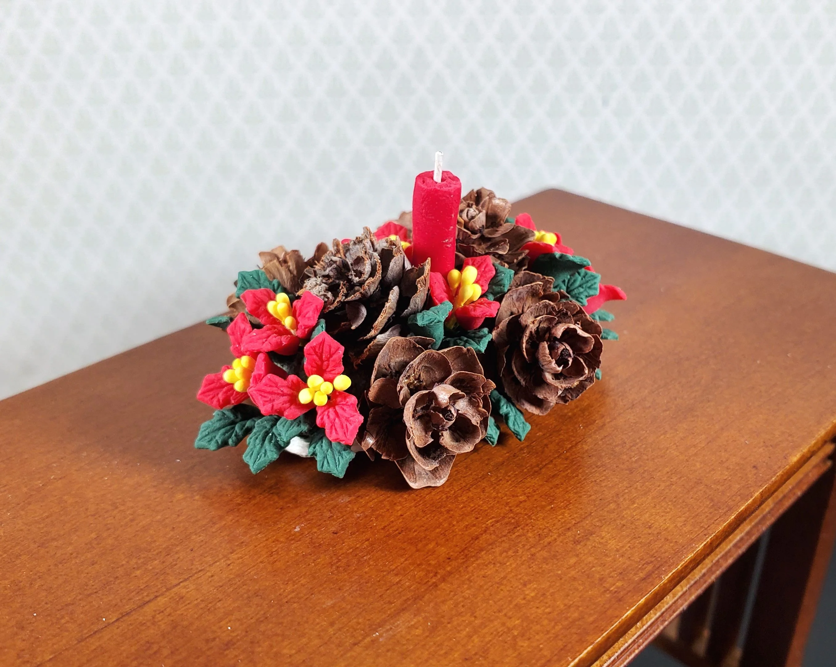 Dollhouse Holiday Centerpiece Red Poinsettias & Pinecones 1:12 Scale Miniature - Image 2