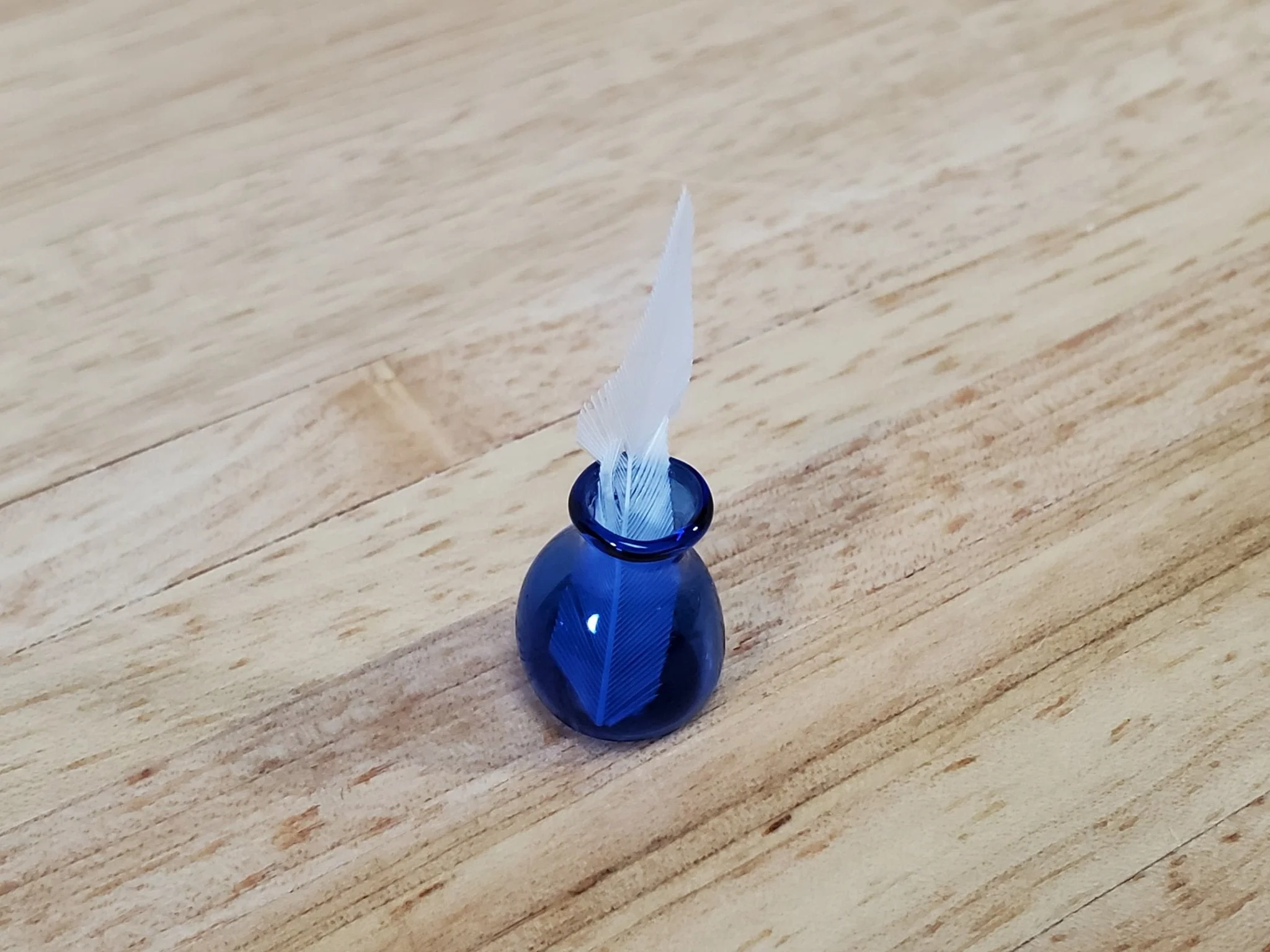 Dollhouse Inkwell with Feather Pen Cobalt Blue Glass 1:12 Scale Miniature Accessories