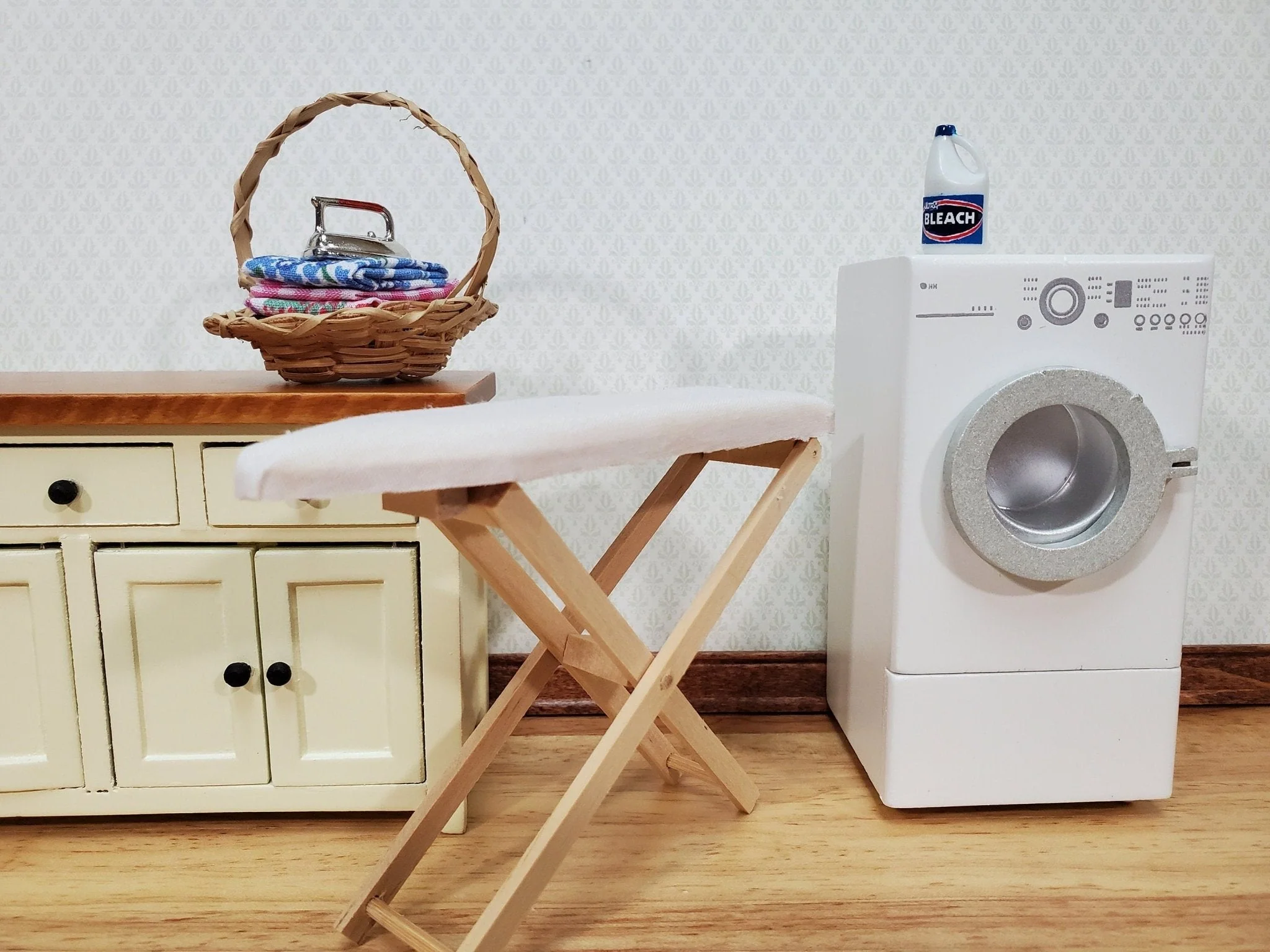 Dollhouse Iron with Folded Linens in Basket Set 1:12 Scale Miniature Laundry Room Decor - Image 3