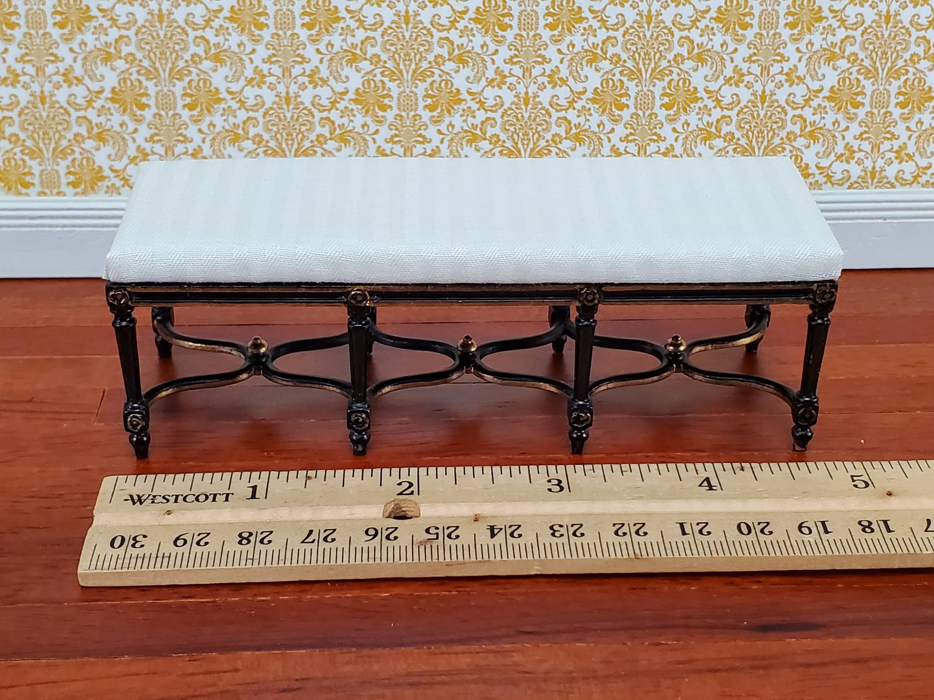 Dollhouse JBM Long Bench Black & Gold White Padded Seat 1:12 Scale Furniture - Image 3