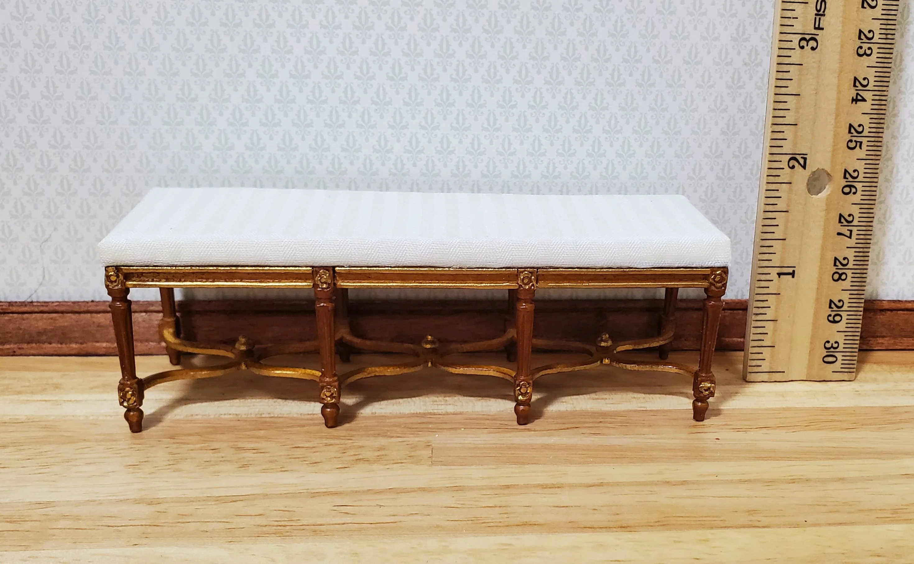 Dollhouse JBM Long Bench Walnut Finish White Padded Seat 1:12 Scale Furniture - Image 3