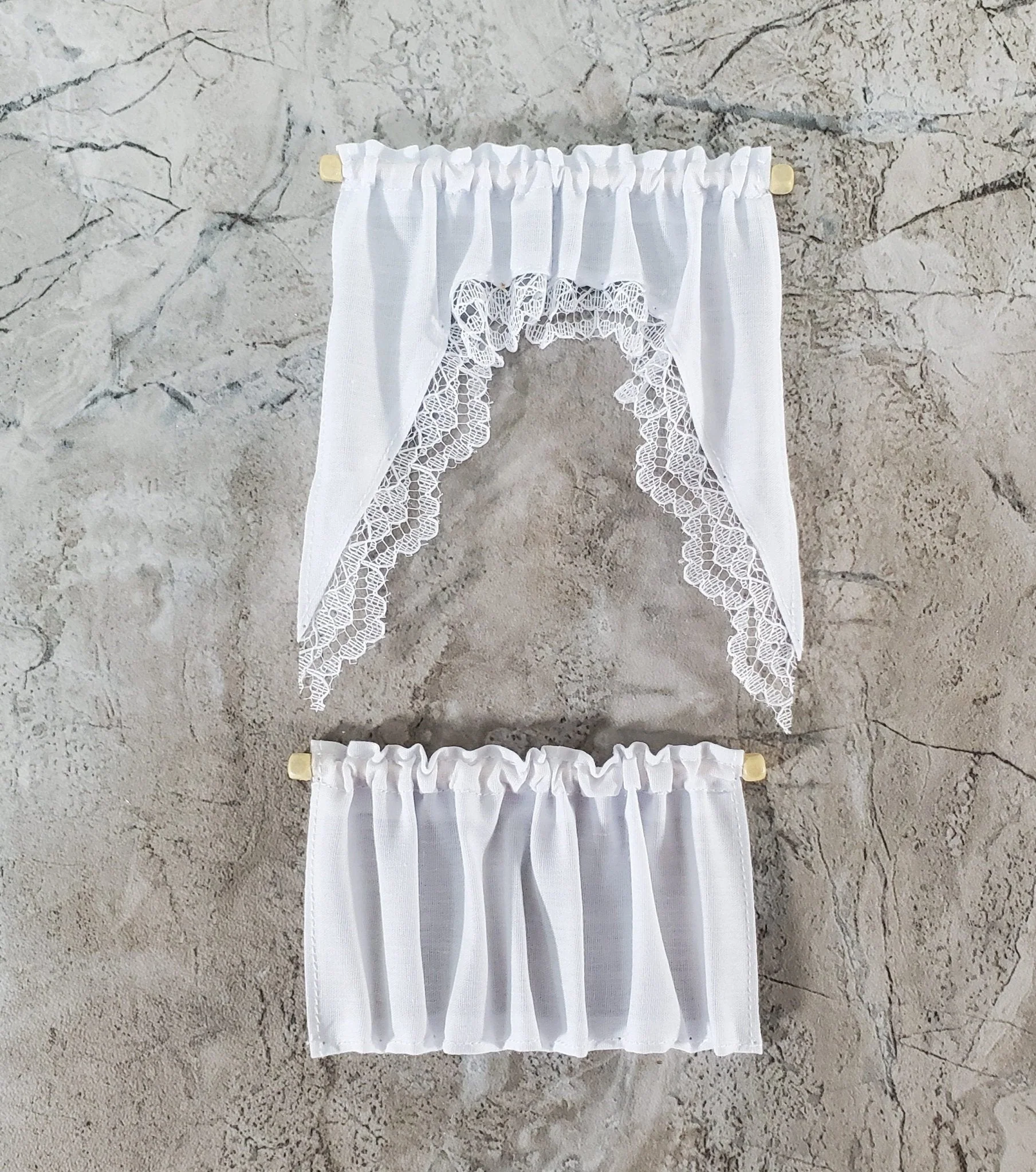 Dollhouse Kitchen Cafe Curtains White with Lace Curtain Rod 1:12 Scale - Image 2
