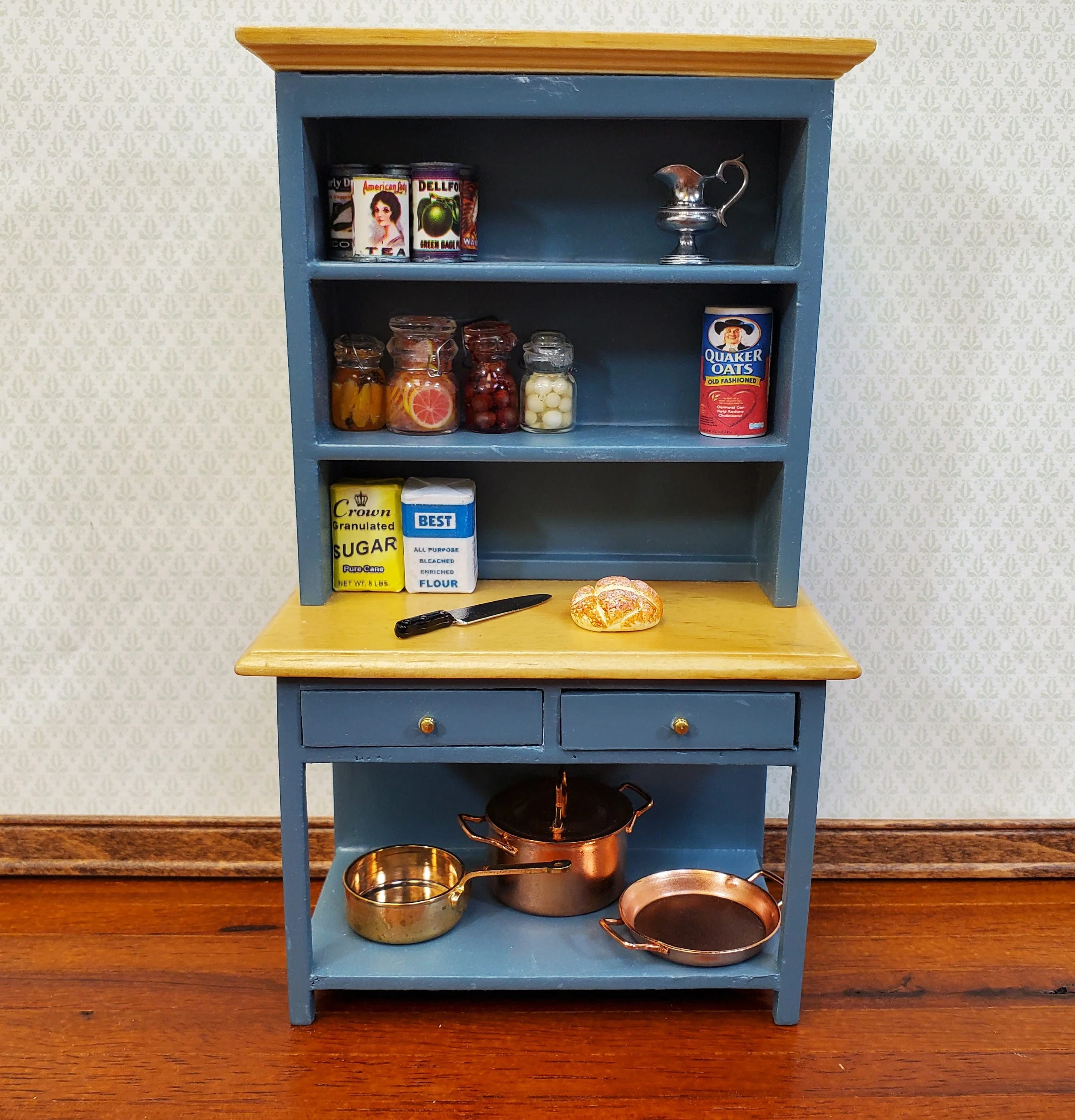 Dollhouse Kitchen Hutch Cabinet Cupboard 1:12 Scale Blue Gray Finish - Image 4