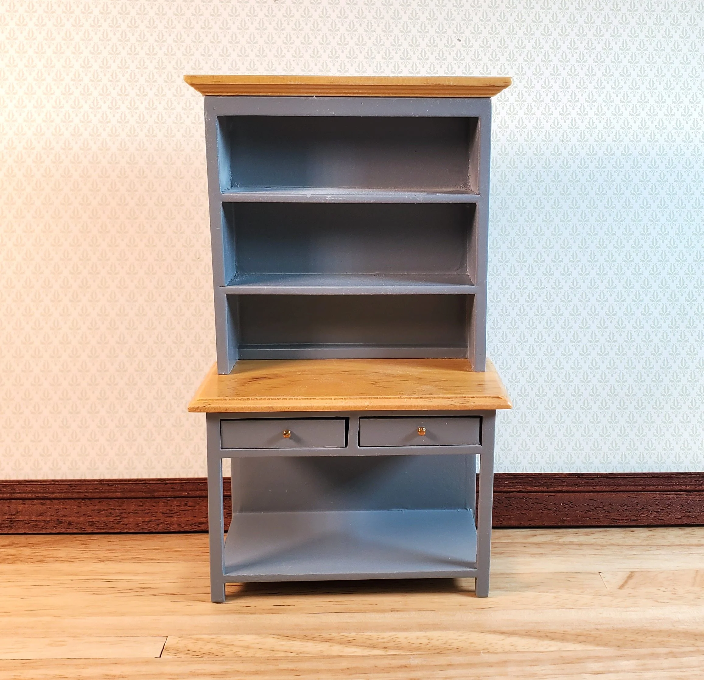 Dollhouse Kitchen Hutch Cupboard Wood 1:12 Scale Miniature Gray Finish - Image 2