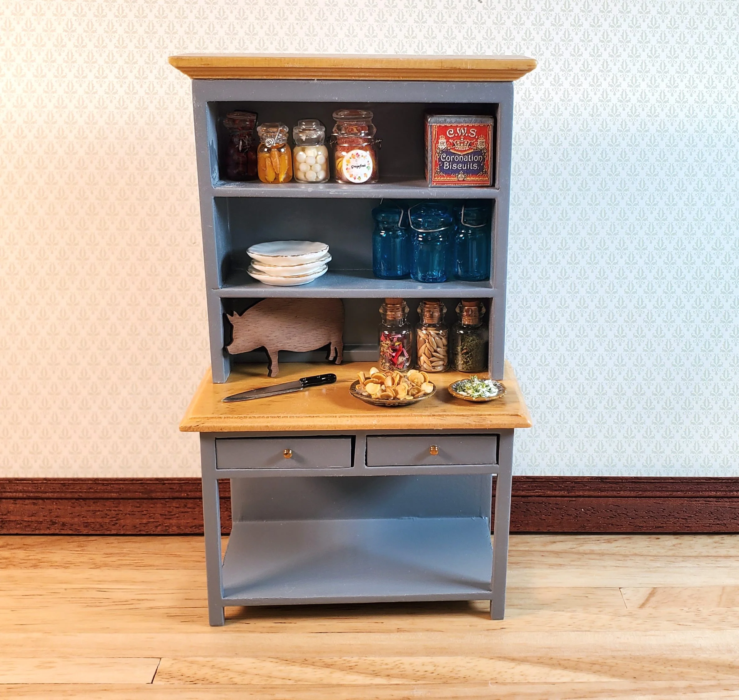 Dollhouse Kitchen Hutch Cupboard Wood 1:12 Scale Miniature Gray Finish - Image 3