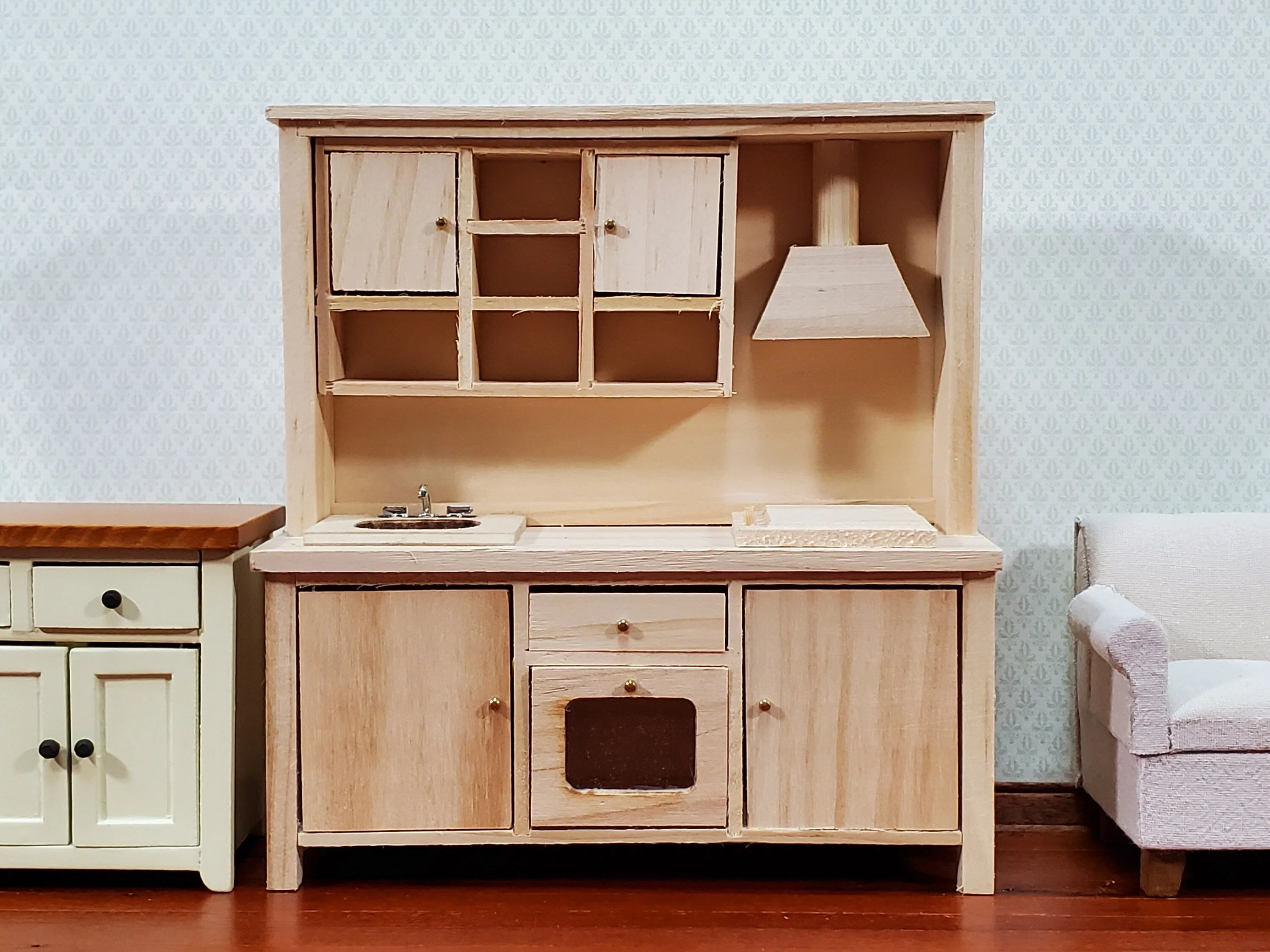 Dollhouse Kitchen Oven Stove Sink Cupboards All in One 1:12 Scale Unpainted DIY - Image 3