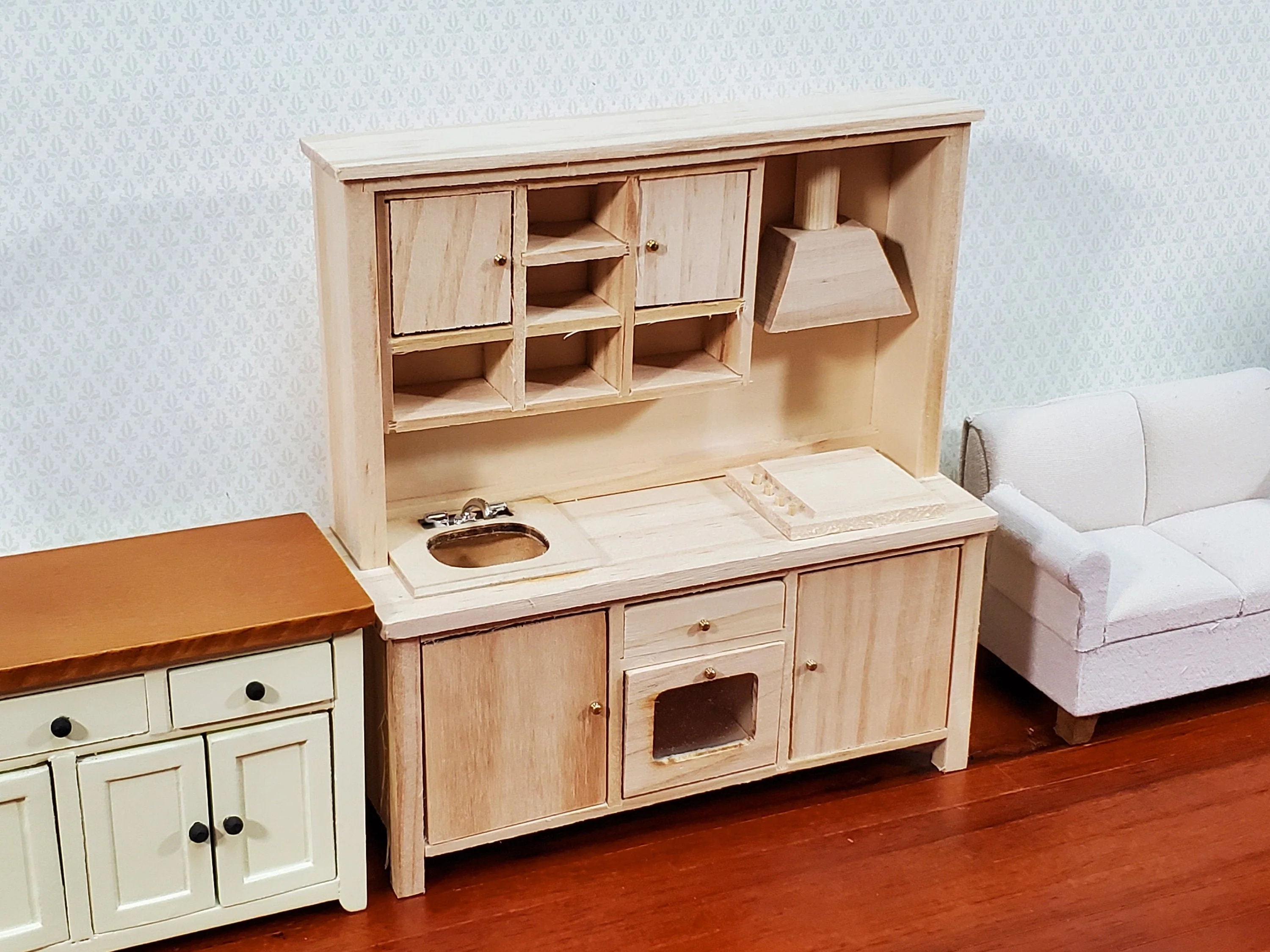 Dollhouse Kitchen Oven Stove Sink Cupboards All in One 1:12 Scale Unpainted DIY - Image 4