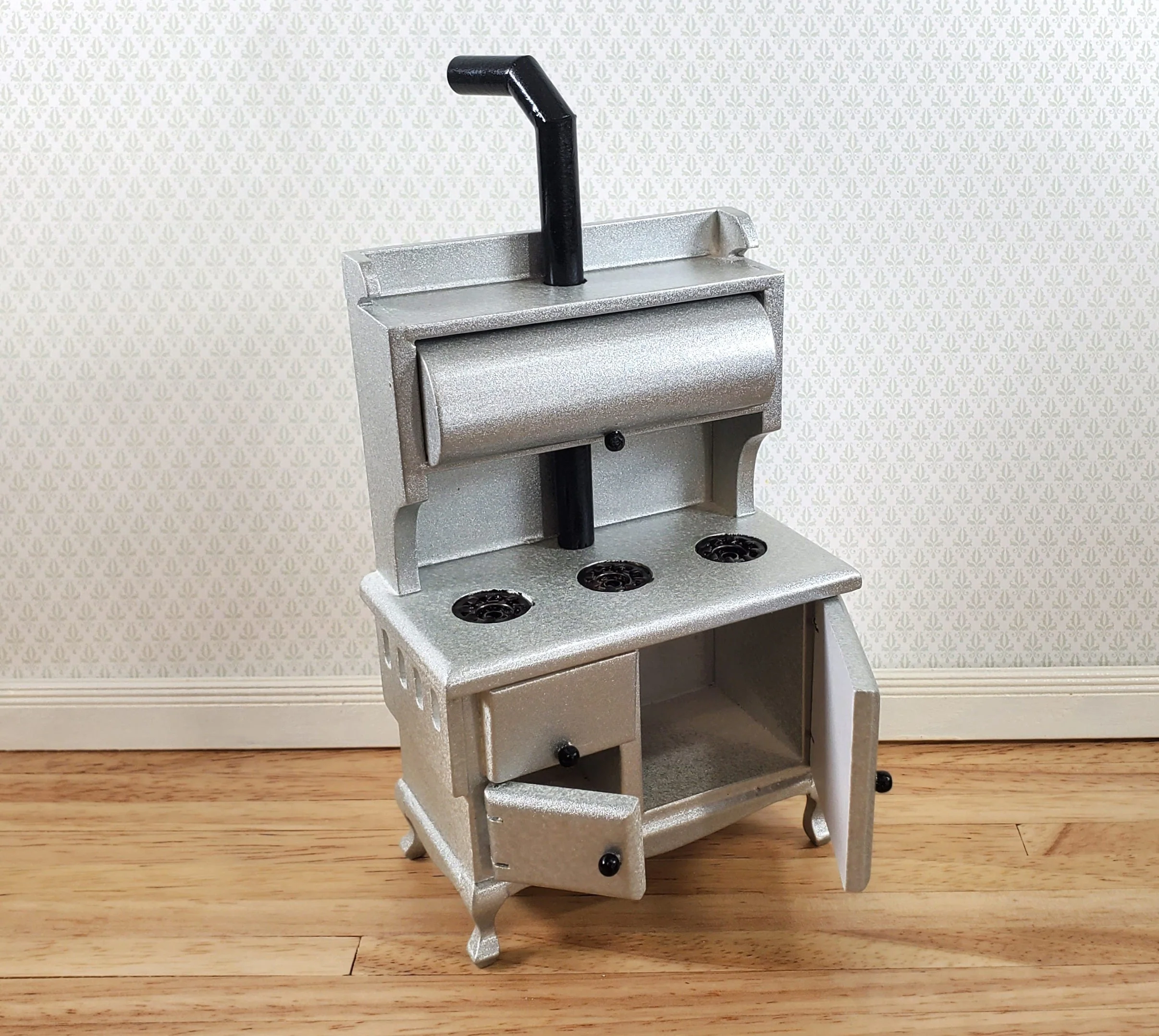 Dollhouse Kitchen Range Cabinet Stove Oven Silver 1:12 Scale Miniature Wood - Image 3