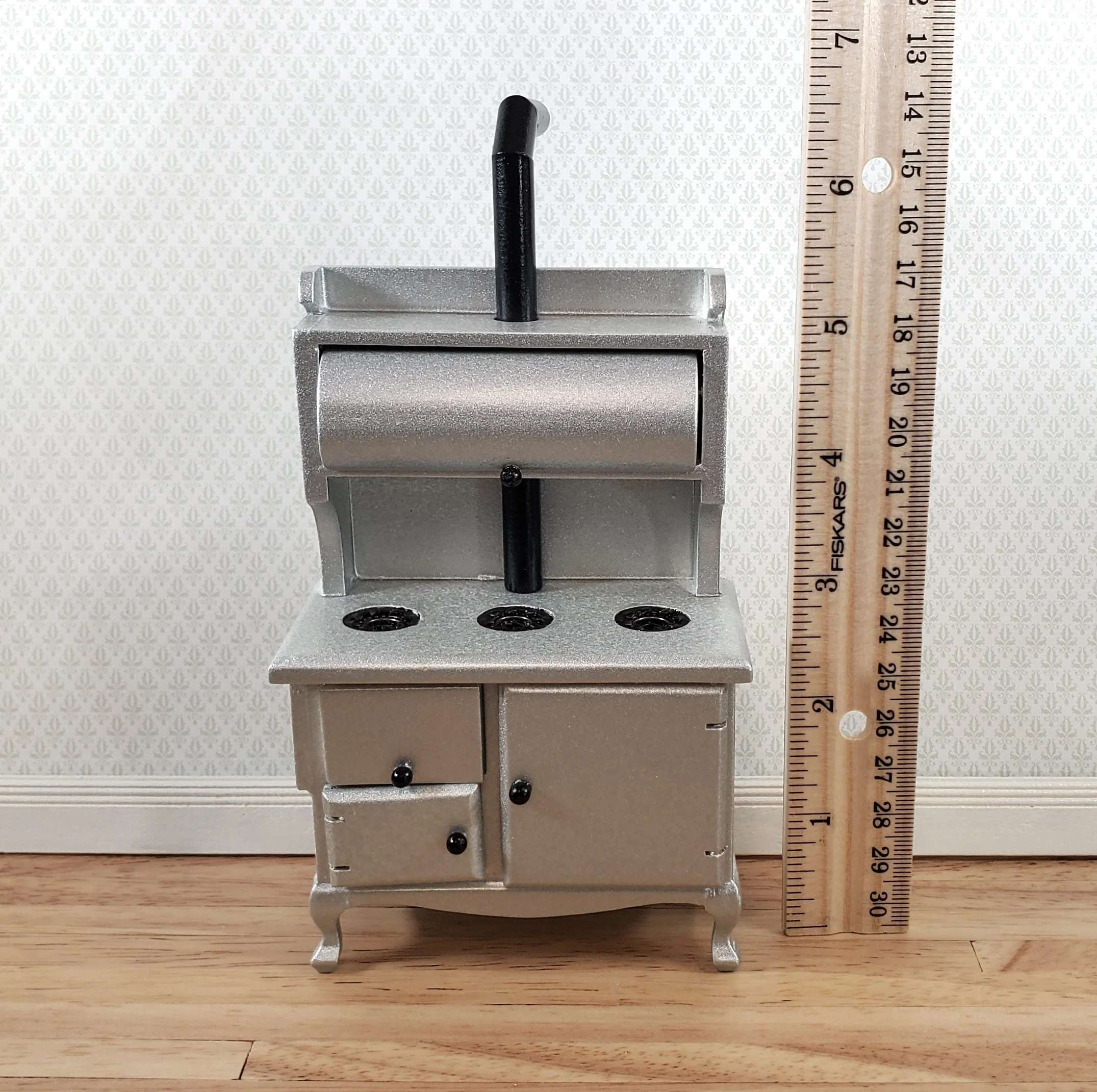 Dollhouse Kitchen Range Cabinet Stove Oven Silver 1:12 Scale Miniature Wood - Image 4