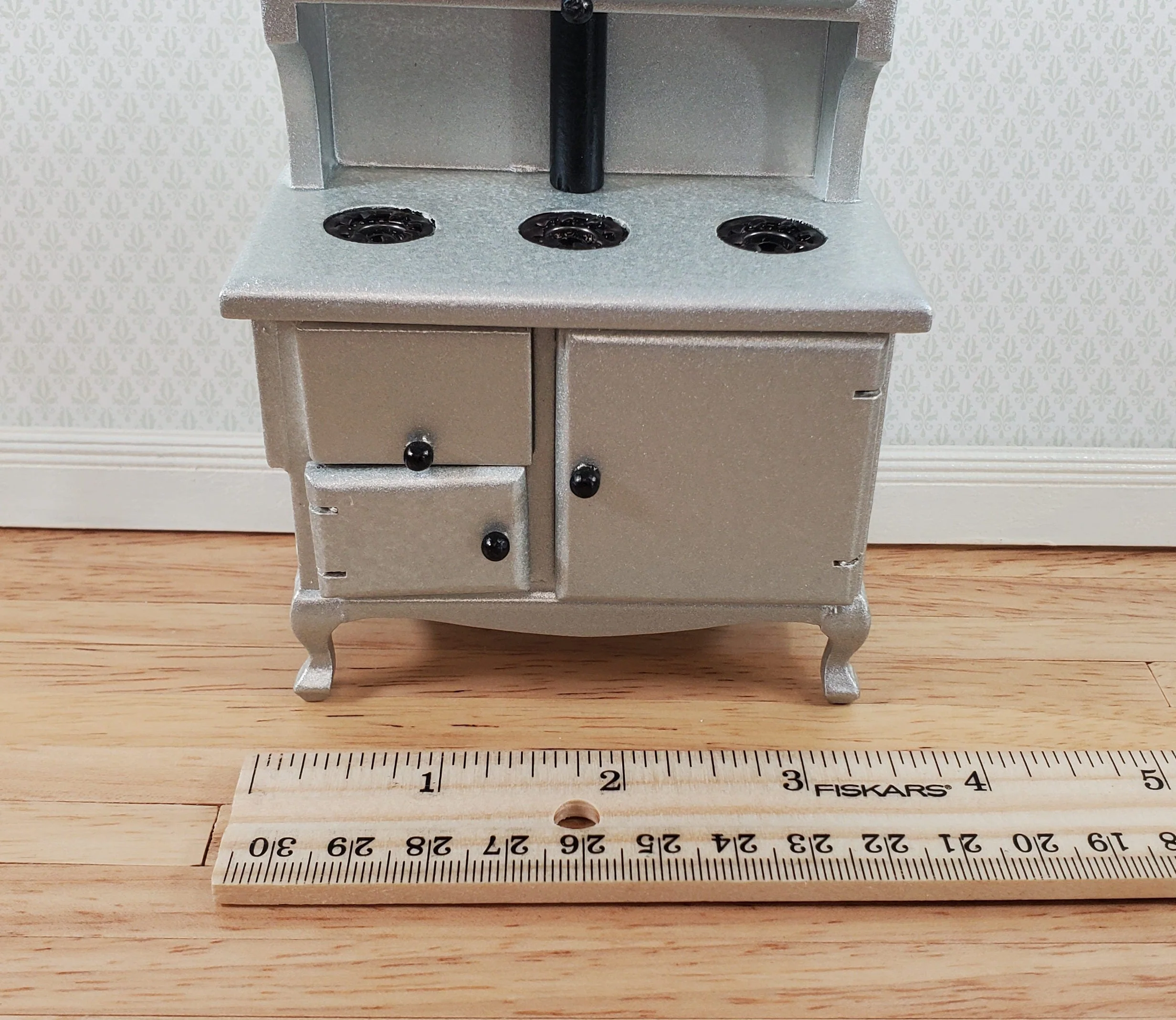 Dollhouse Kitchen Range Cabinet Stove Oven Silver 1:12 Scale Miniature Wood - Image 5